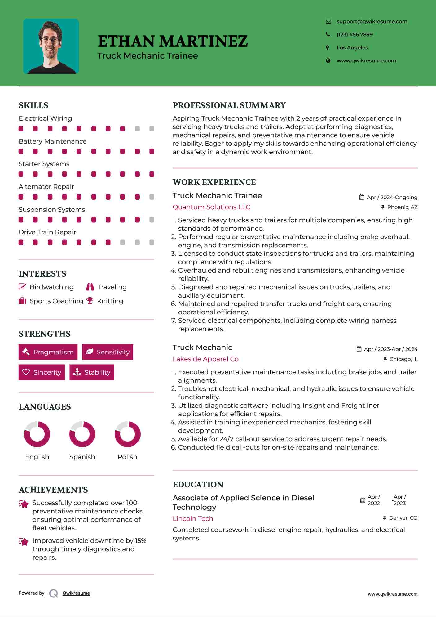 Truck Mechanic Trainee Resume Sample