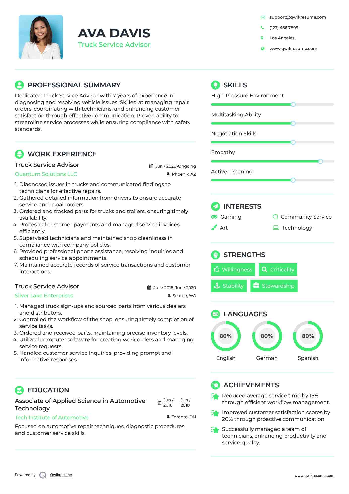 Truck Service Advisor Resume Sample