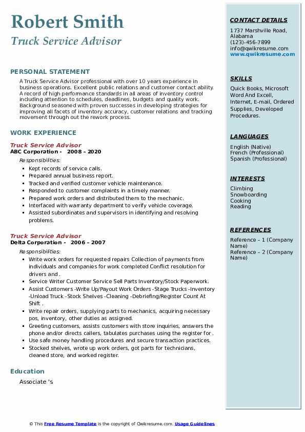 Truck Service Advisor Resume Samples - Truck Service Advisor 1645435807 Pdf