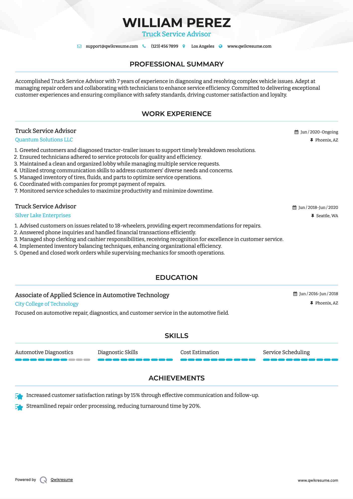 Truck Service Advisor Resume Format