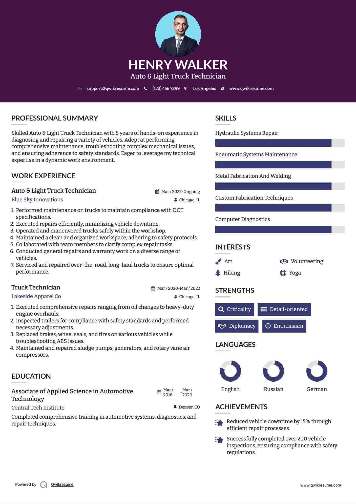 Auto & Light Truck Technician Resume Sample