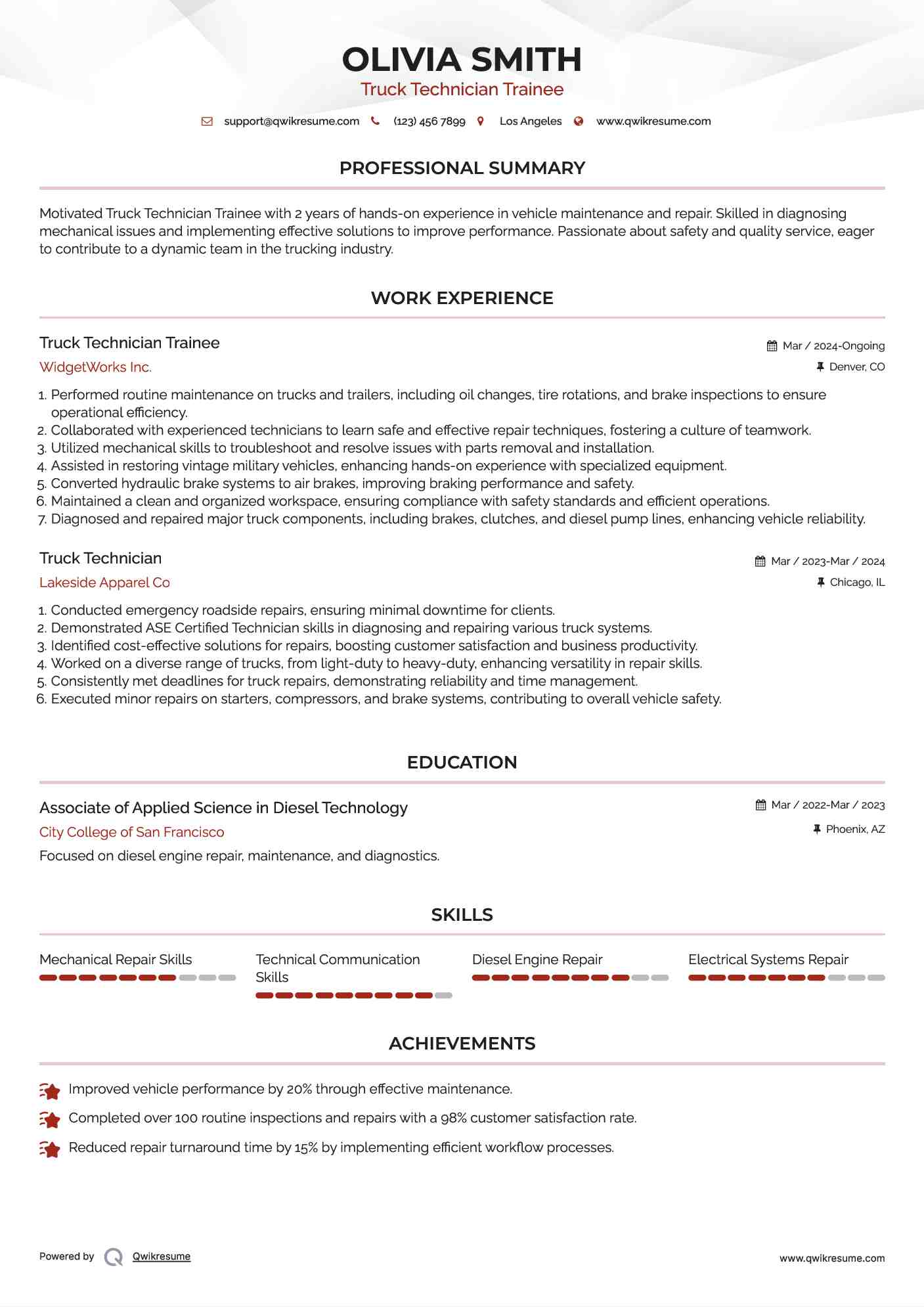 Truck Technician Trainee Resume Sample