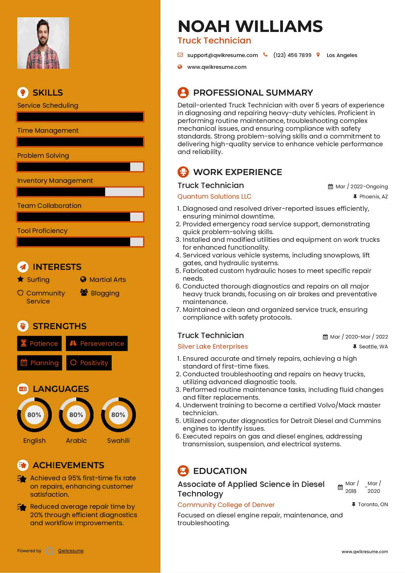 Truck Technician Resume Sample