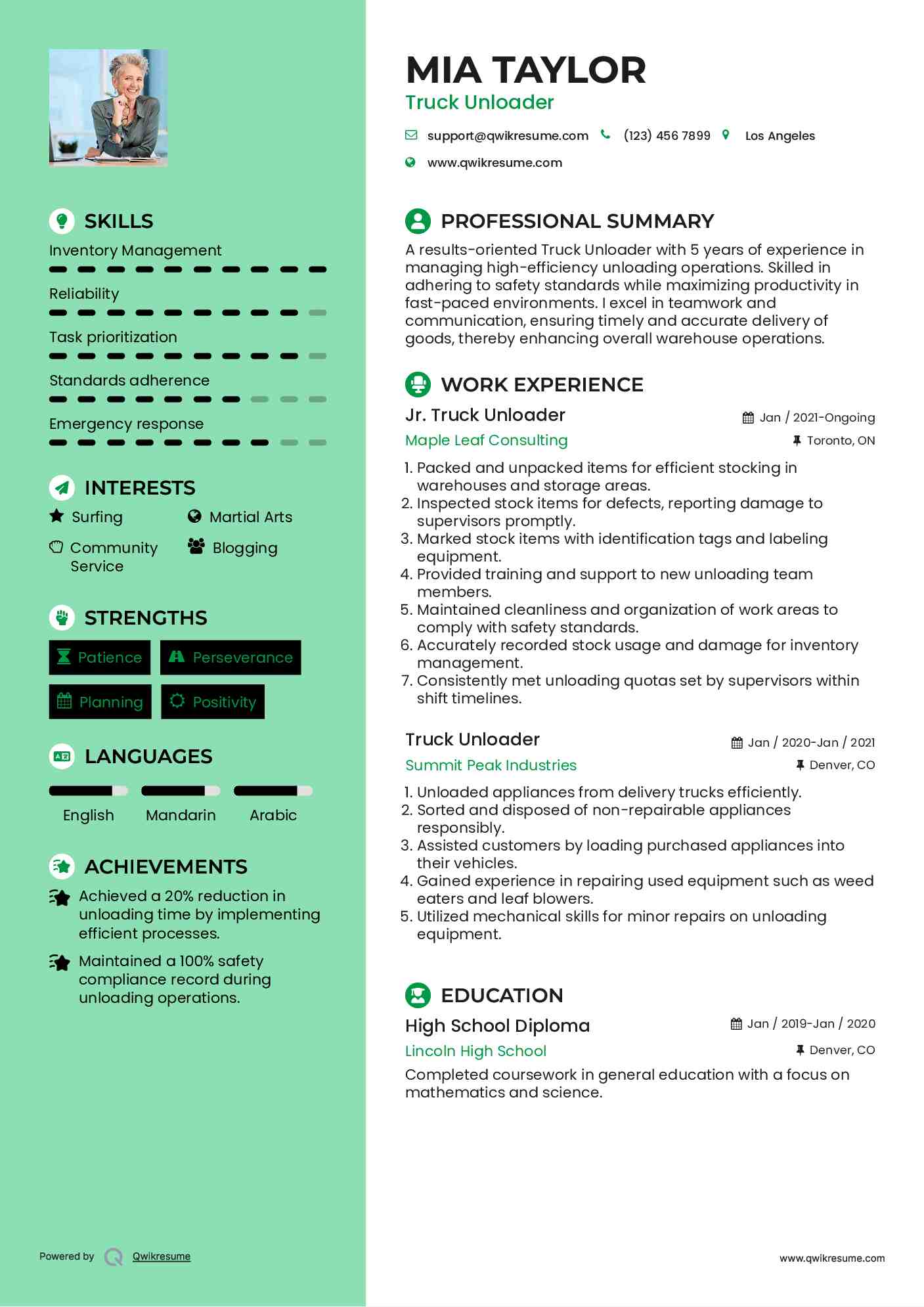 Truck Unloader Resume Samples QwikResume