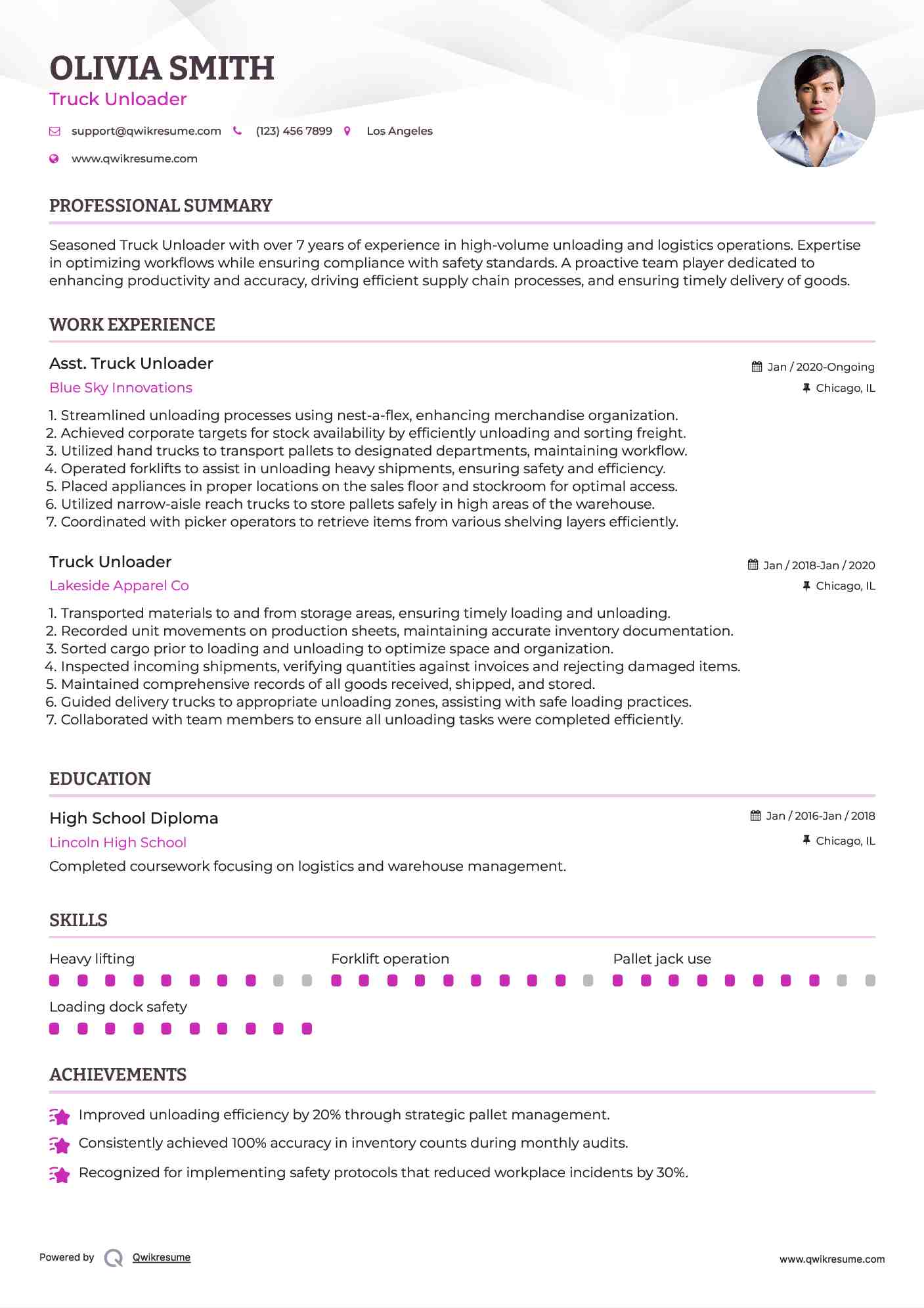 Truck Unloader Resume Samples QwikResume