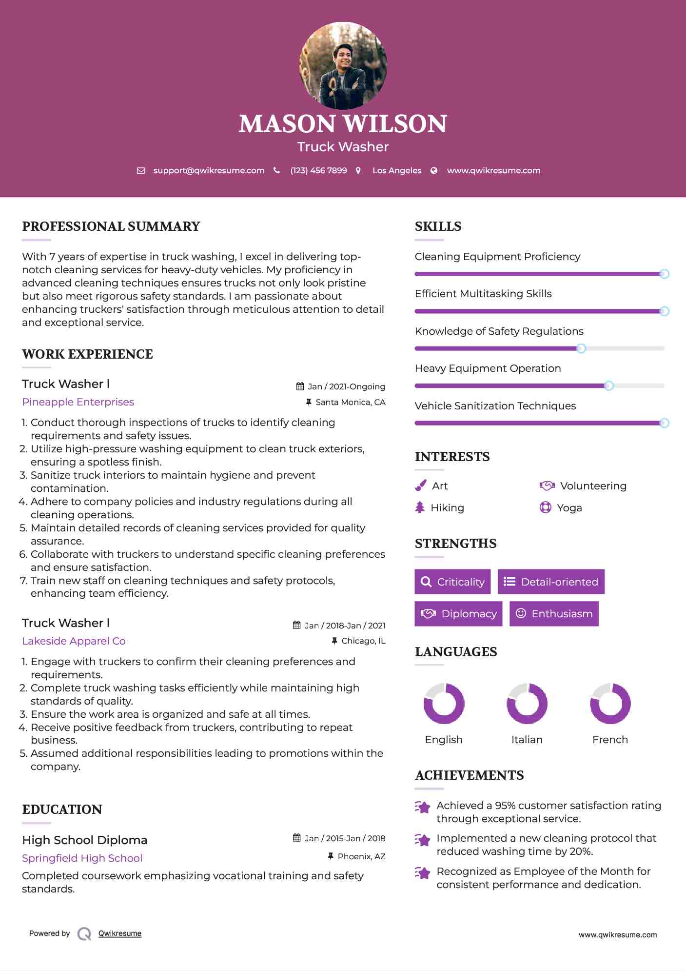 Truck Washer l Resume Sample