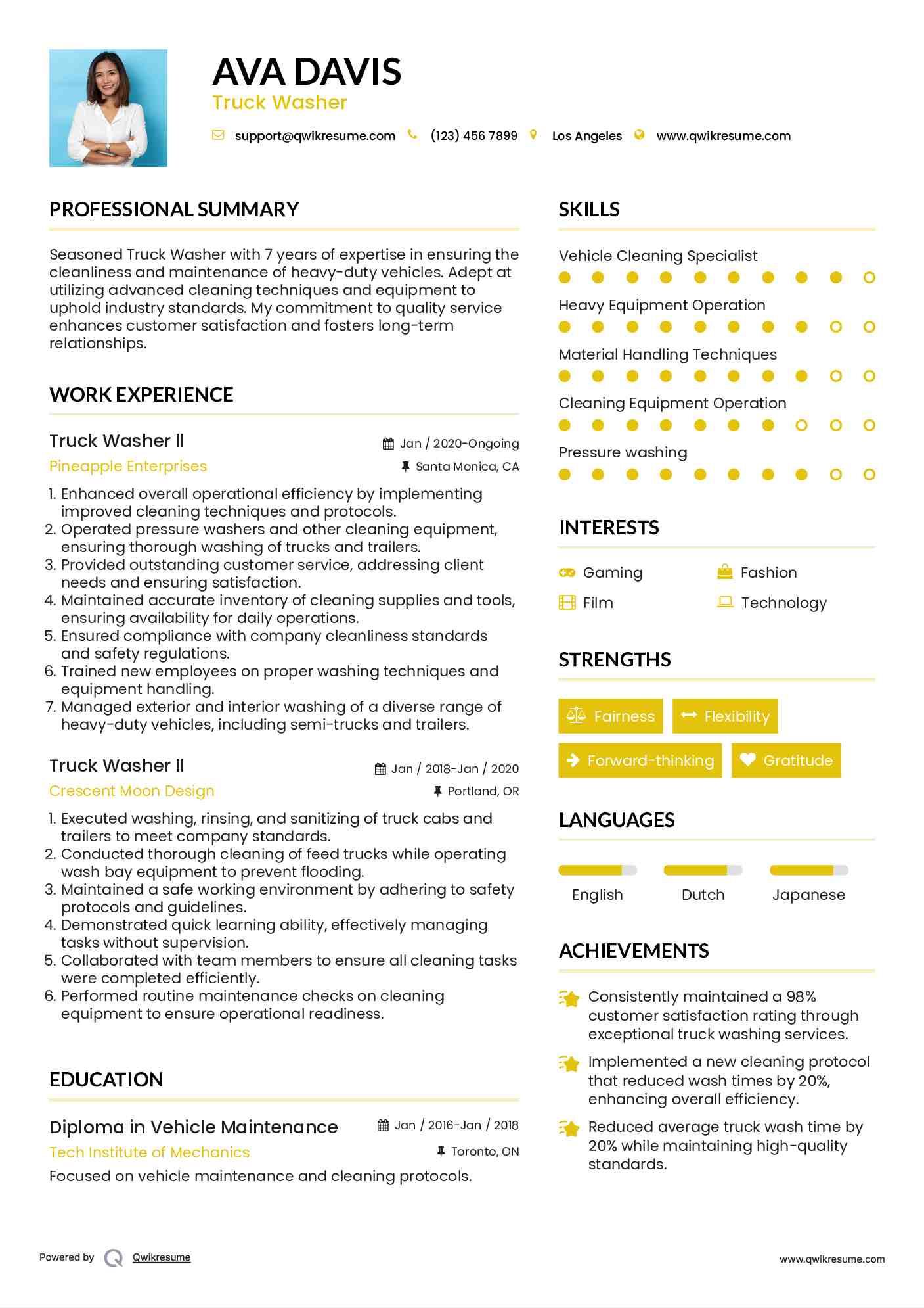 Truck Washer ll Resume Example