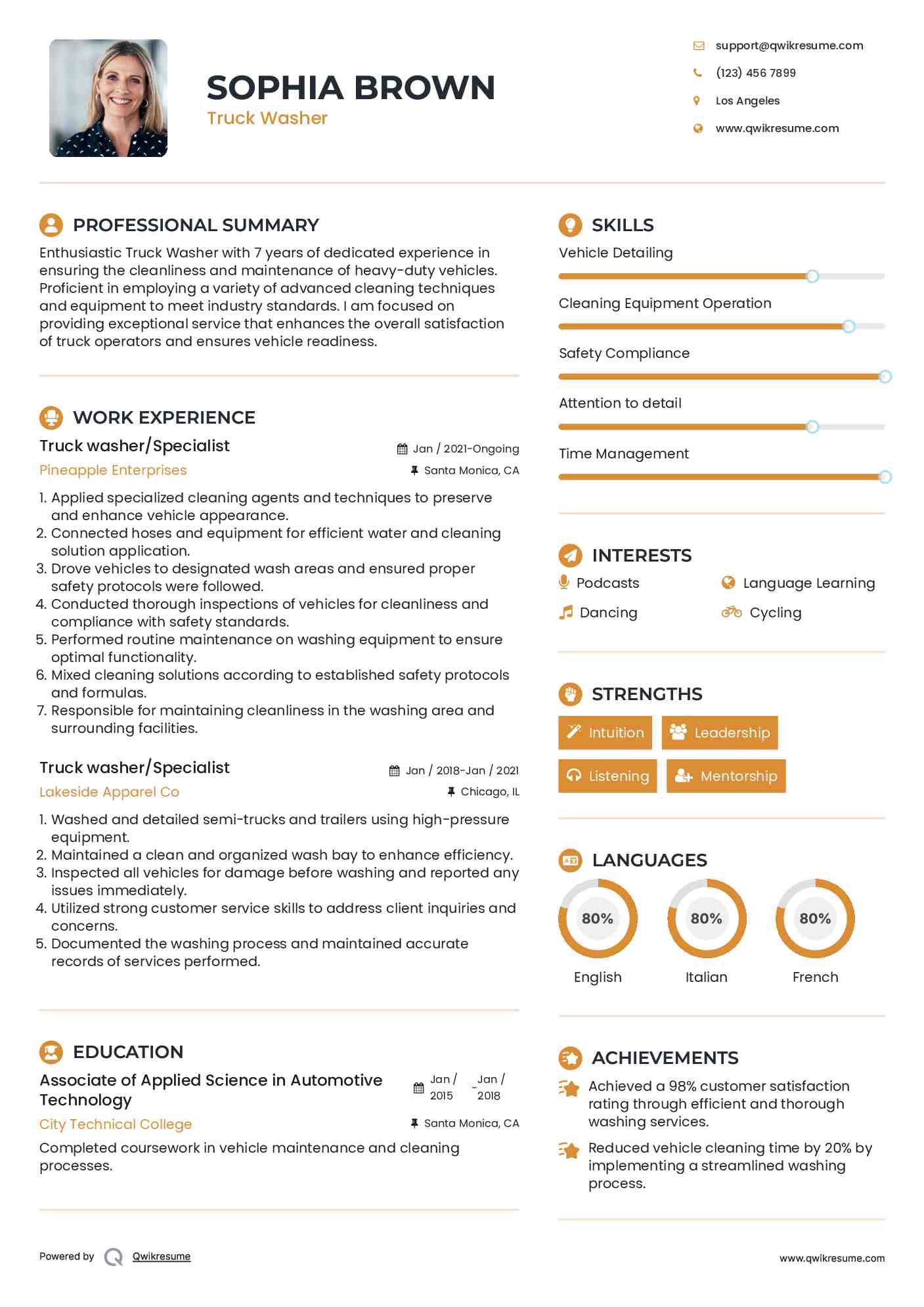 Truck washer/Specialist Resume Format