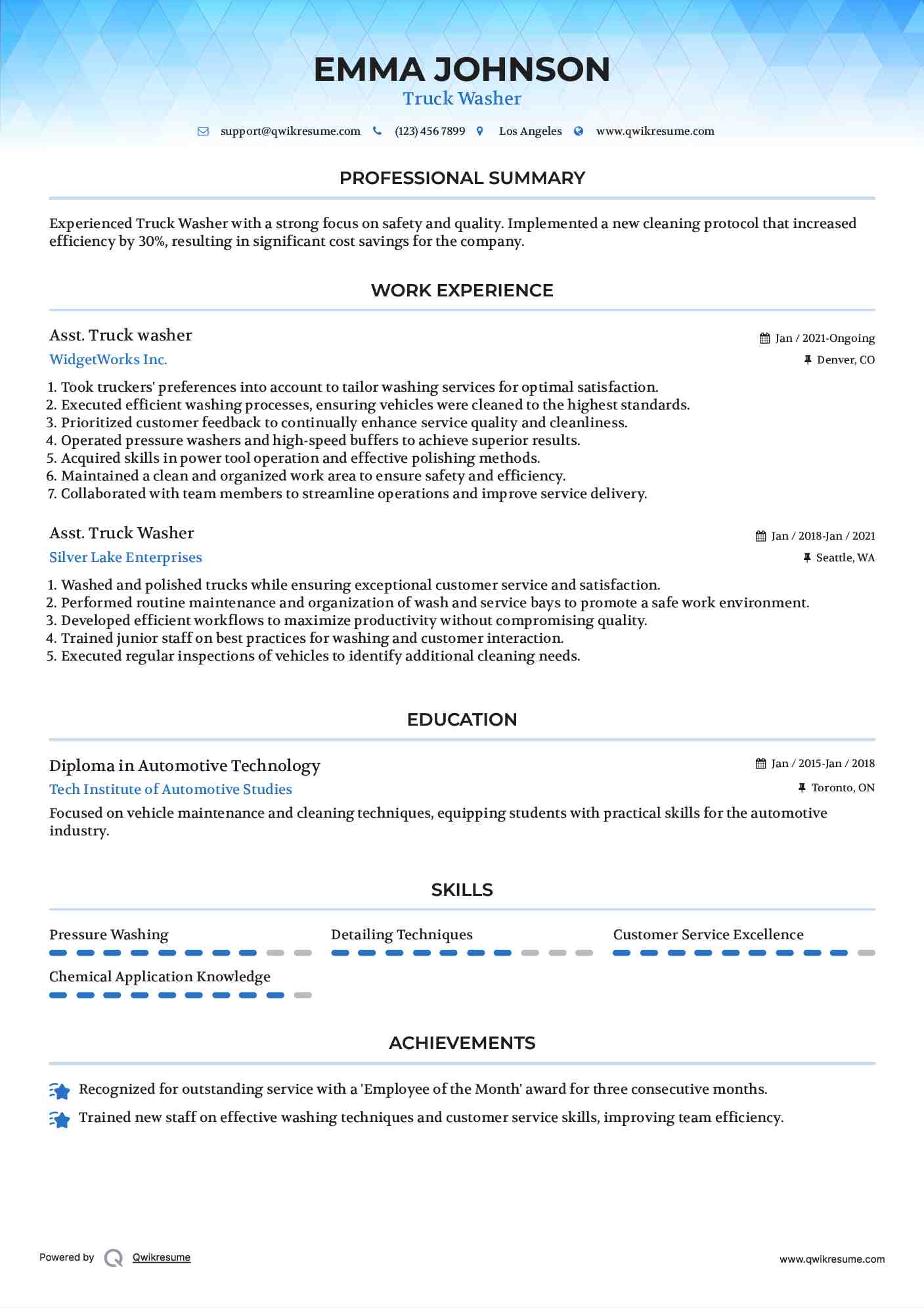 Asst. Truck washer Resume Example