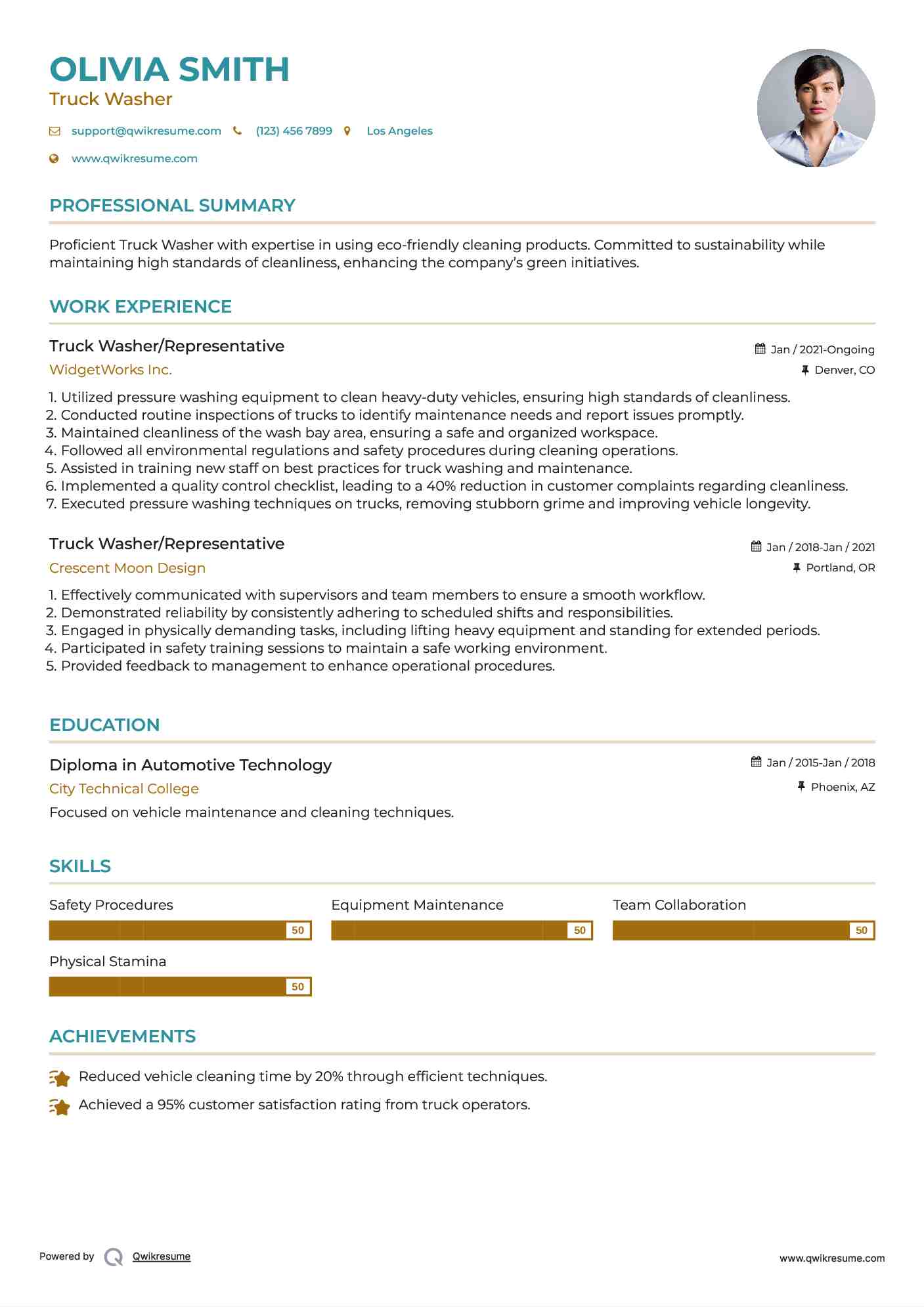 Truck Washer/Representative Resume Template