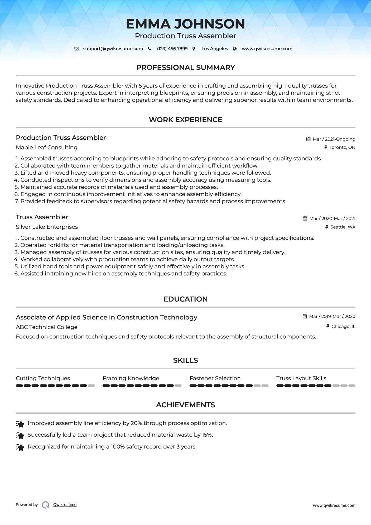 Production Truss Assembler Resume Model