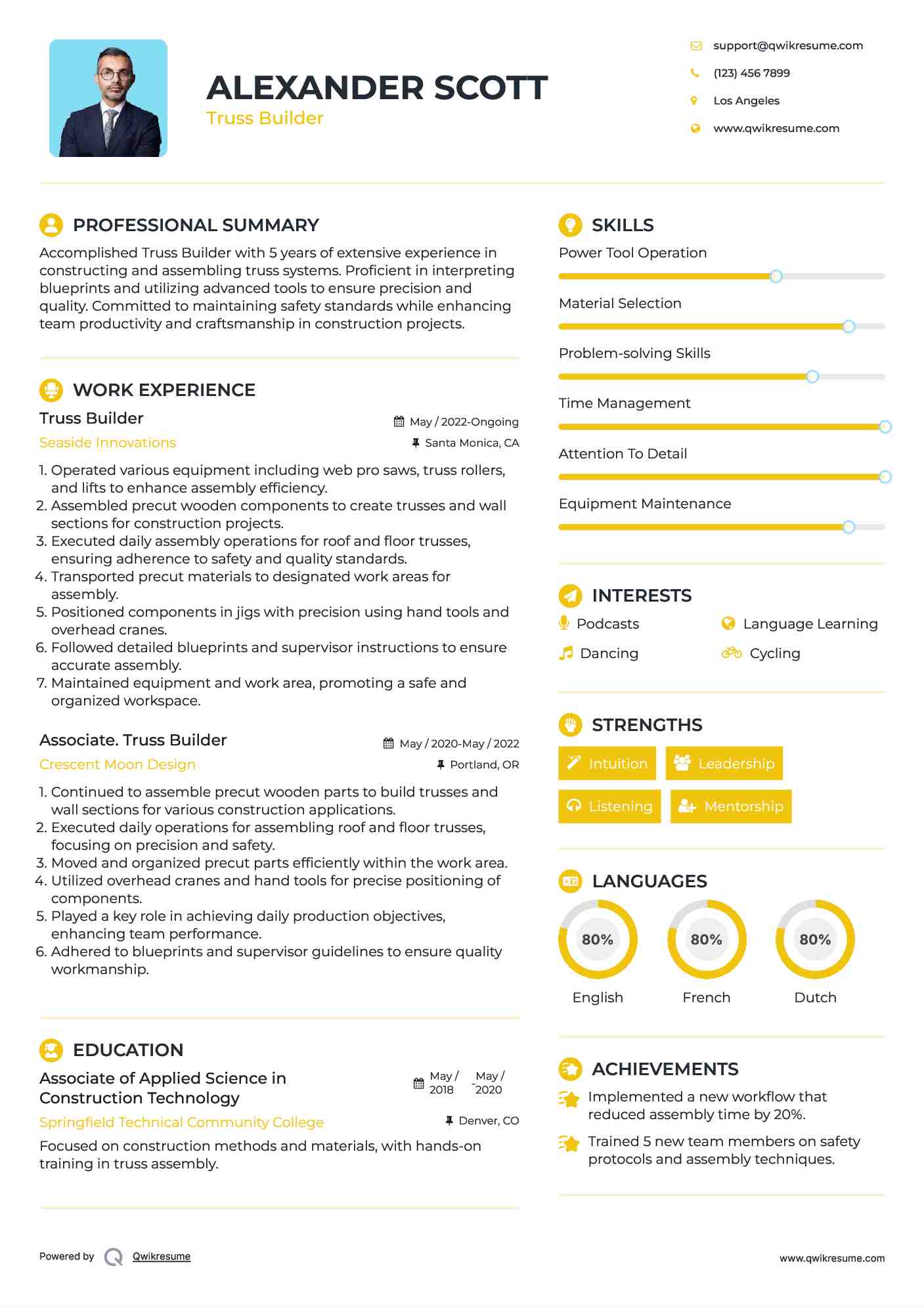 Truss Builder Resume Example