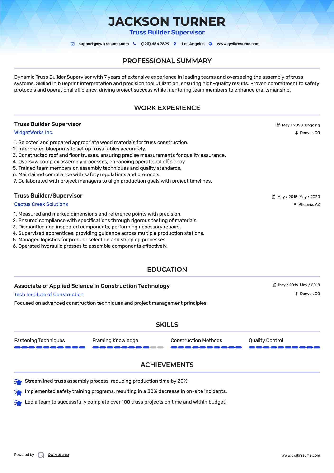 Truss Builder Supervisor Resume Model