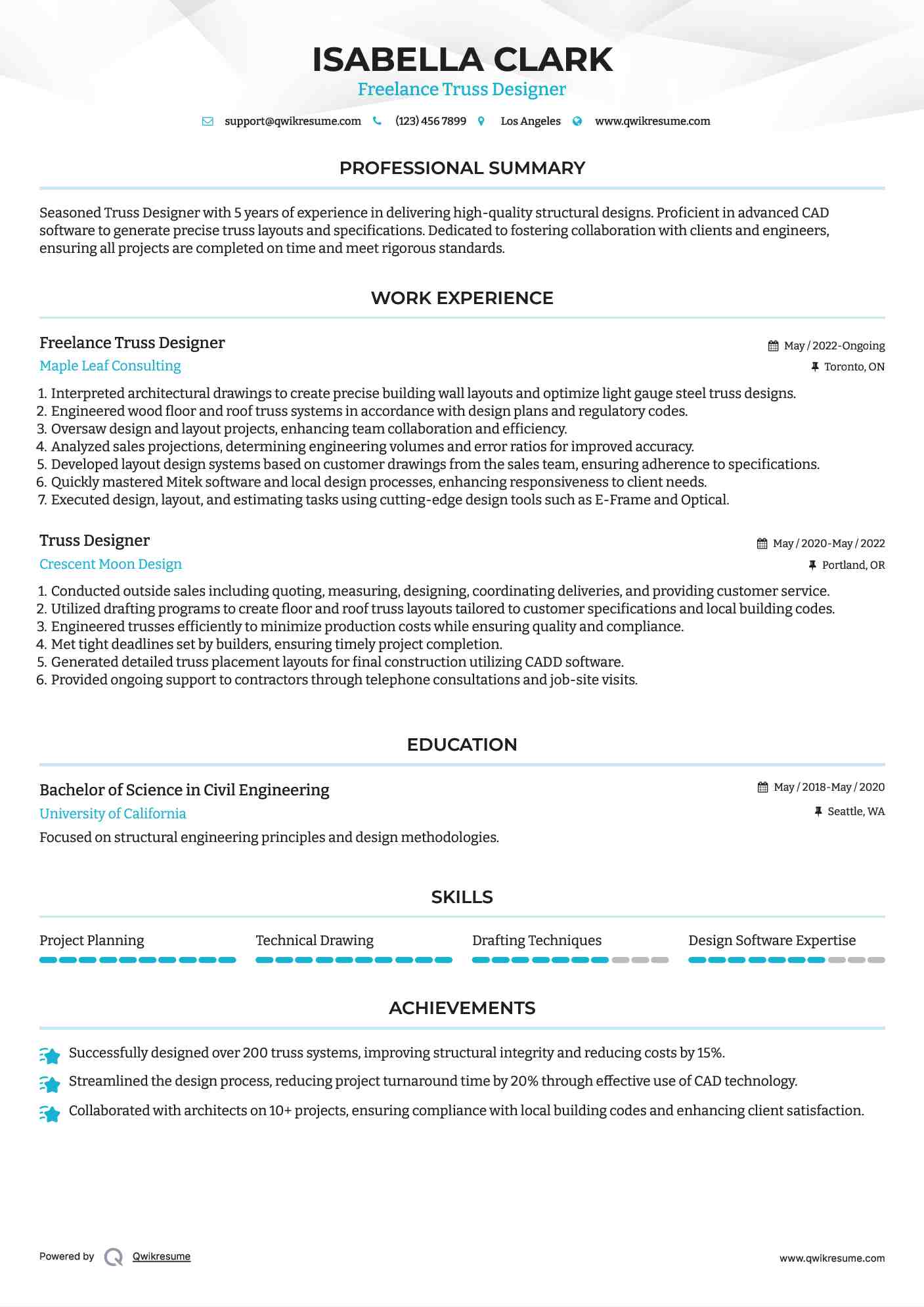 Freelance Truss Designer Resume Model