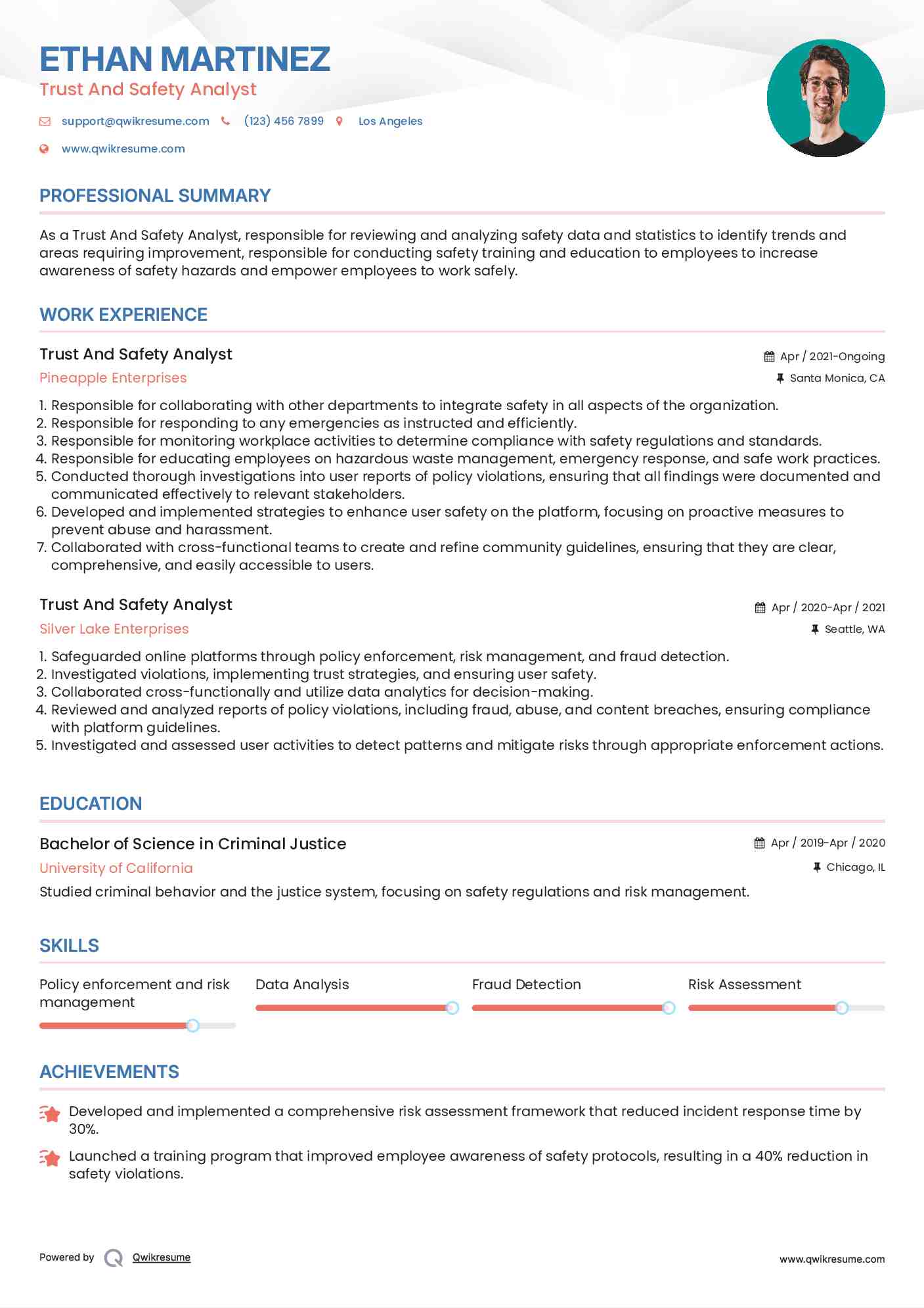 Trust And Safety Analyst Resume Sample