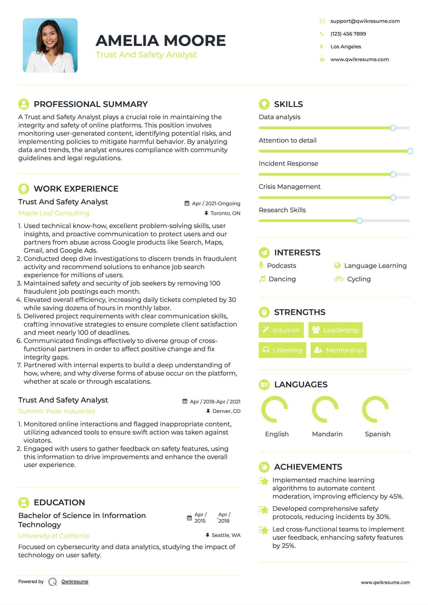 Trust And Safety Analyst Resume Model