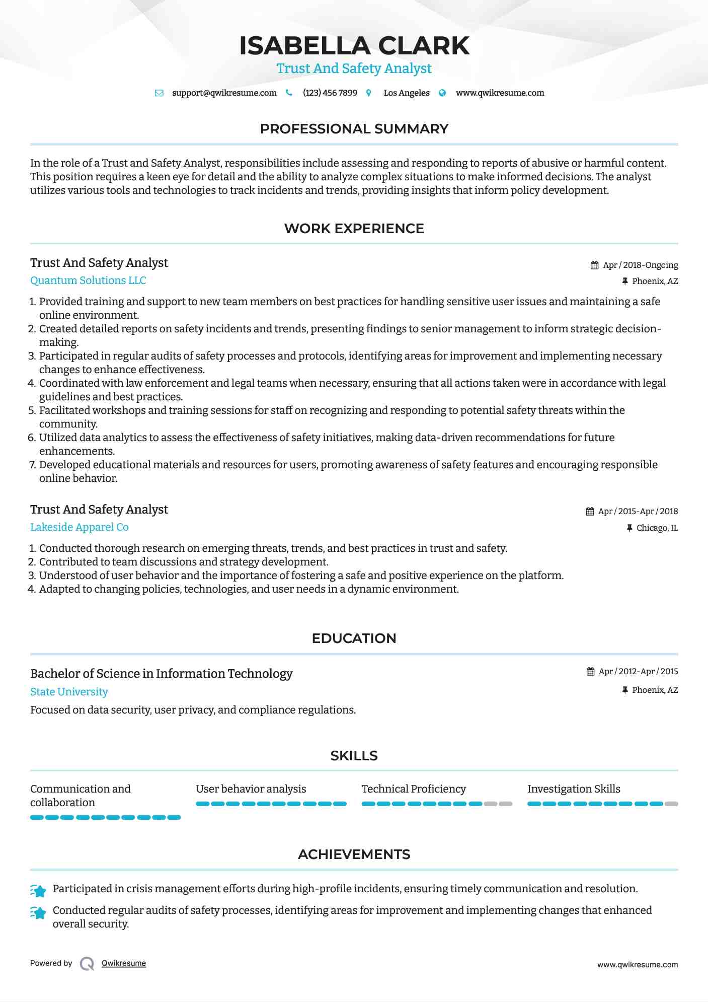 Trust And Safety Analyst Resume Template