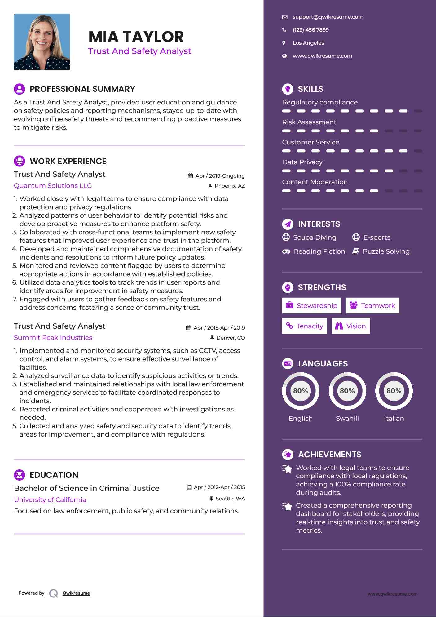 Trust And Safety Analyst Resume Sample