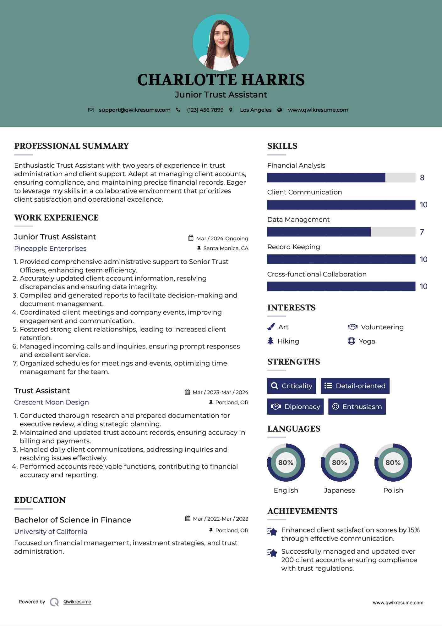 Junior Trust Assistant Resume Model