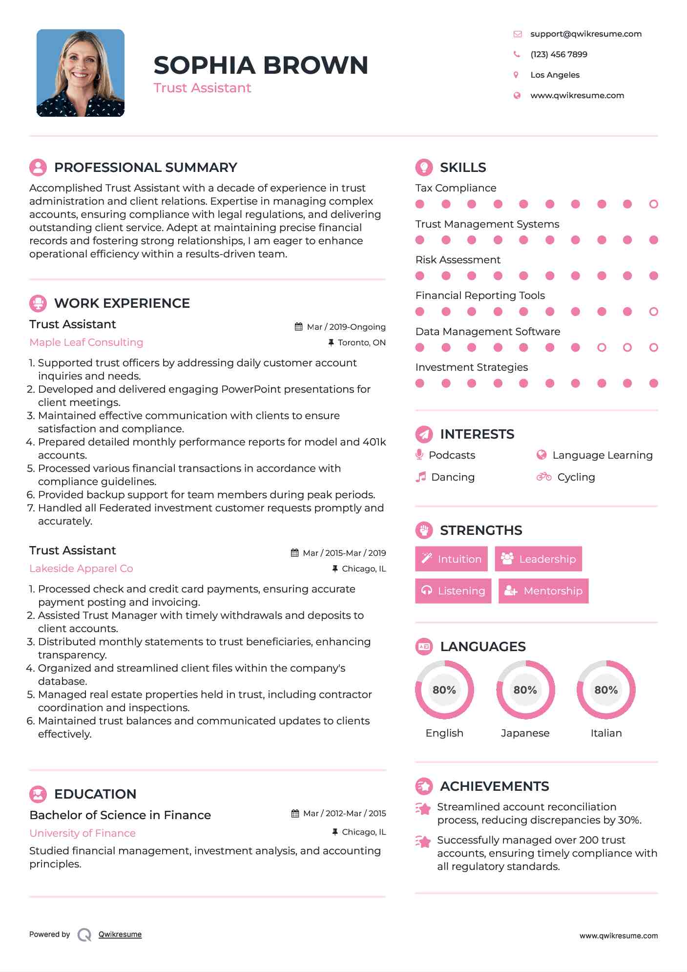 Trust Assistant Resume Format