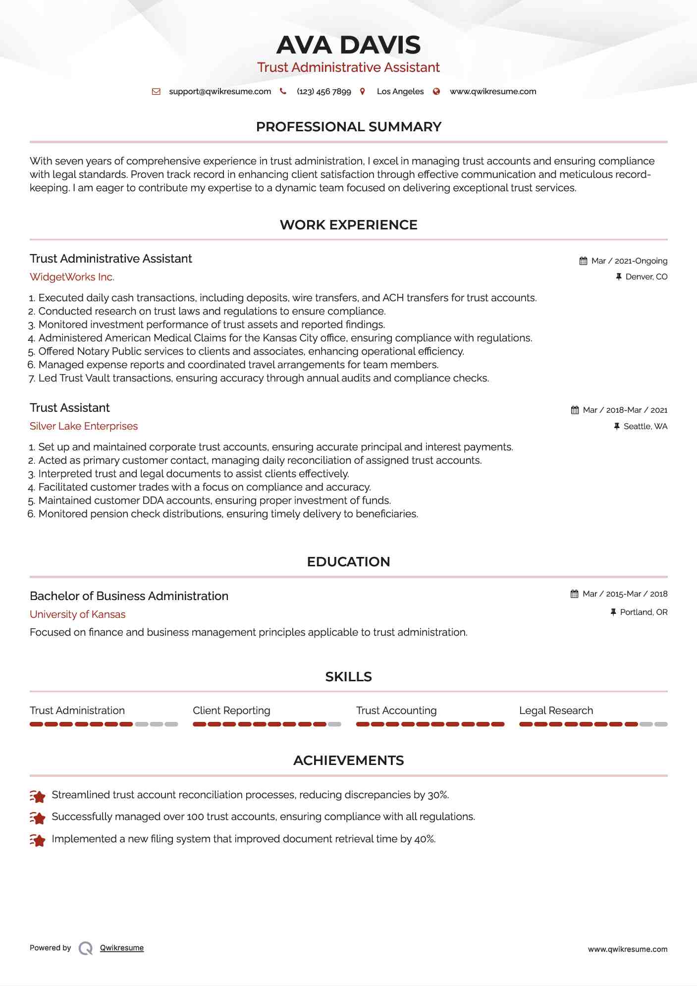 Trust Administrative Assistant Resume Sample