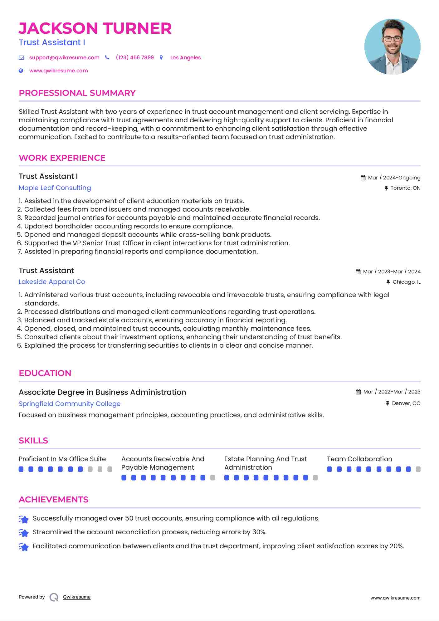 Trust Assistant I
 Resume Example