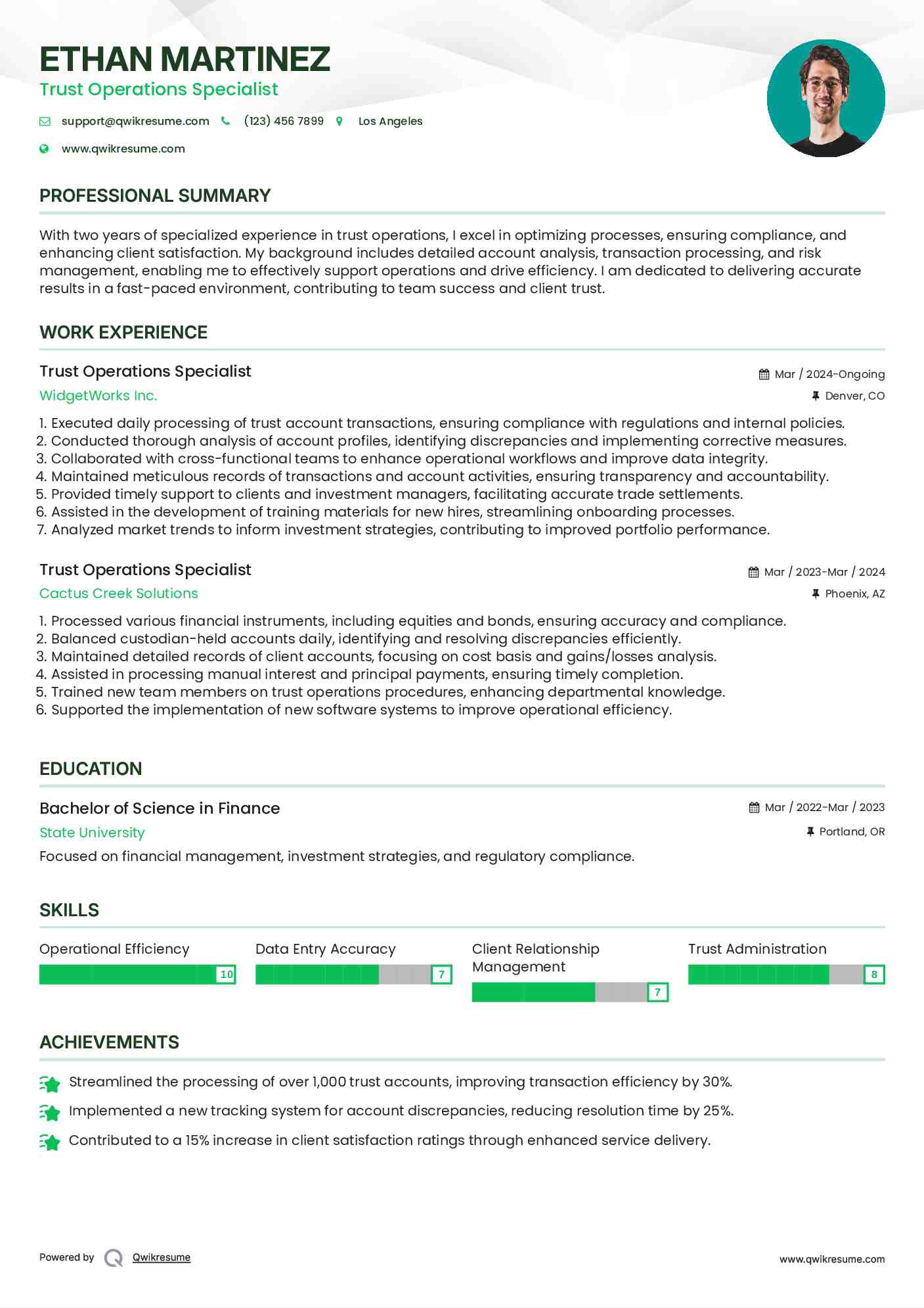 Trust Operations Specialist Resume Format