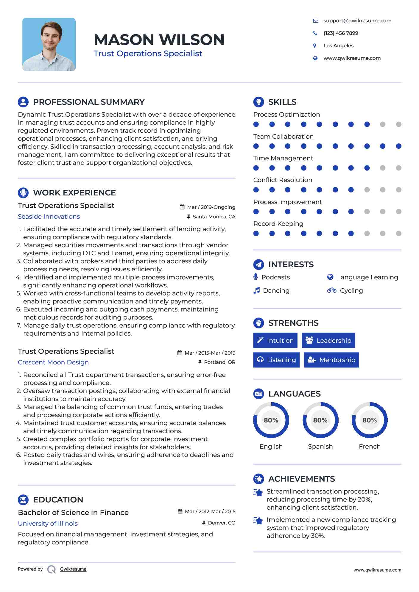 Trust Operations Specialist Resume Example