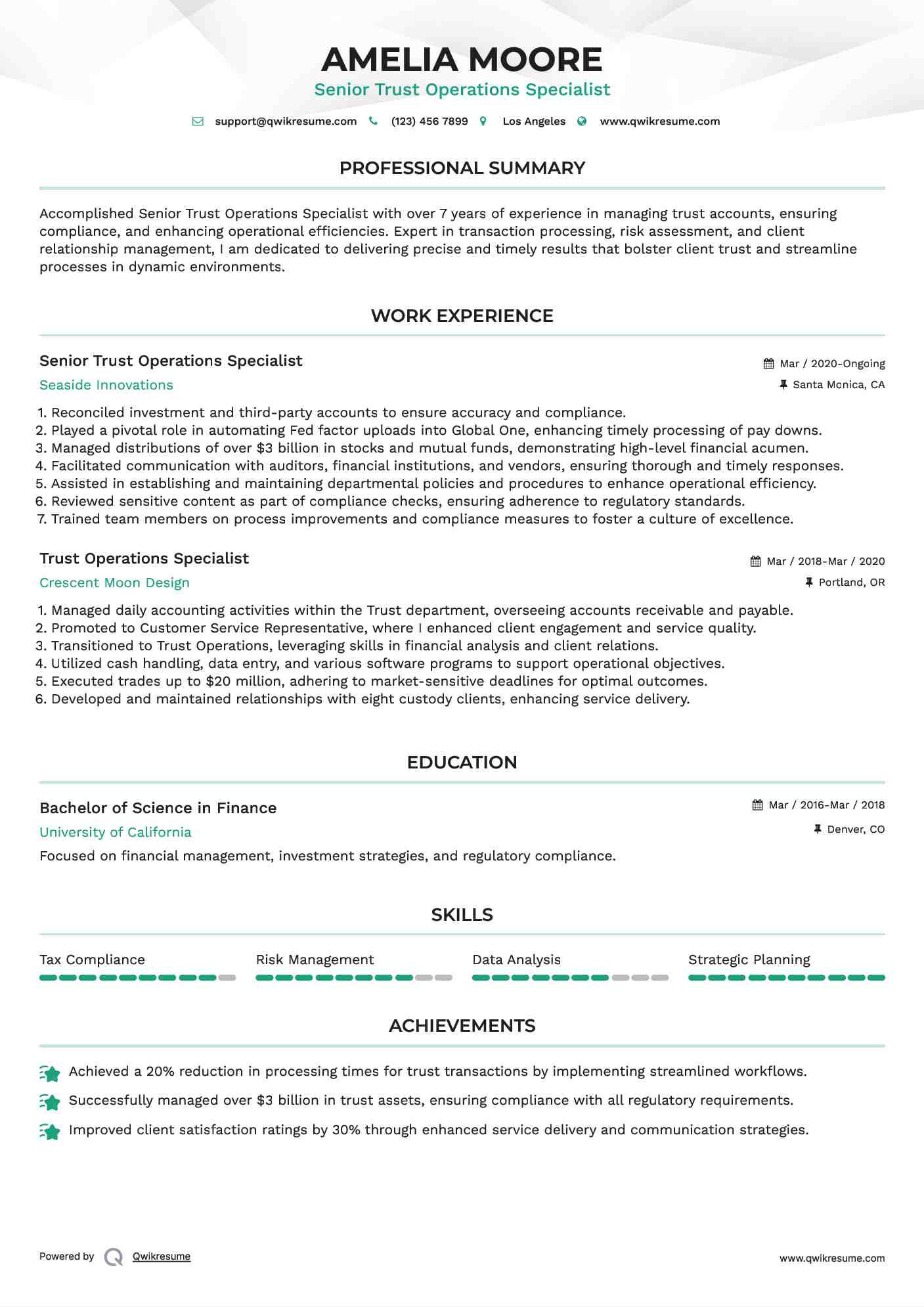 Senior Trust Operations Specialist Resume Model