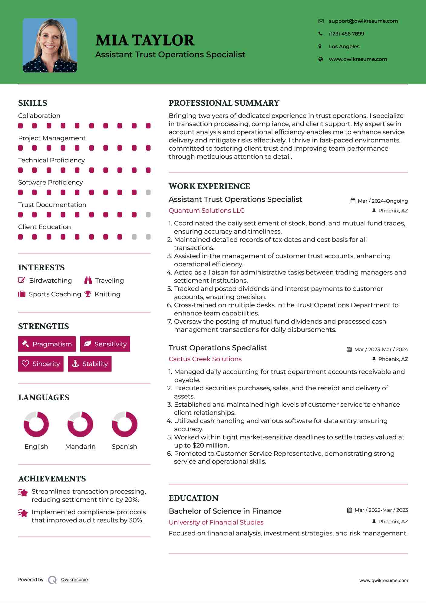 Assistant Trust Operations Specialist Resume Sample