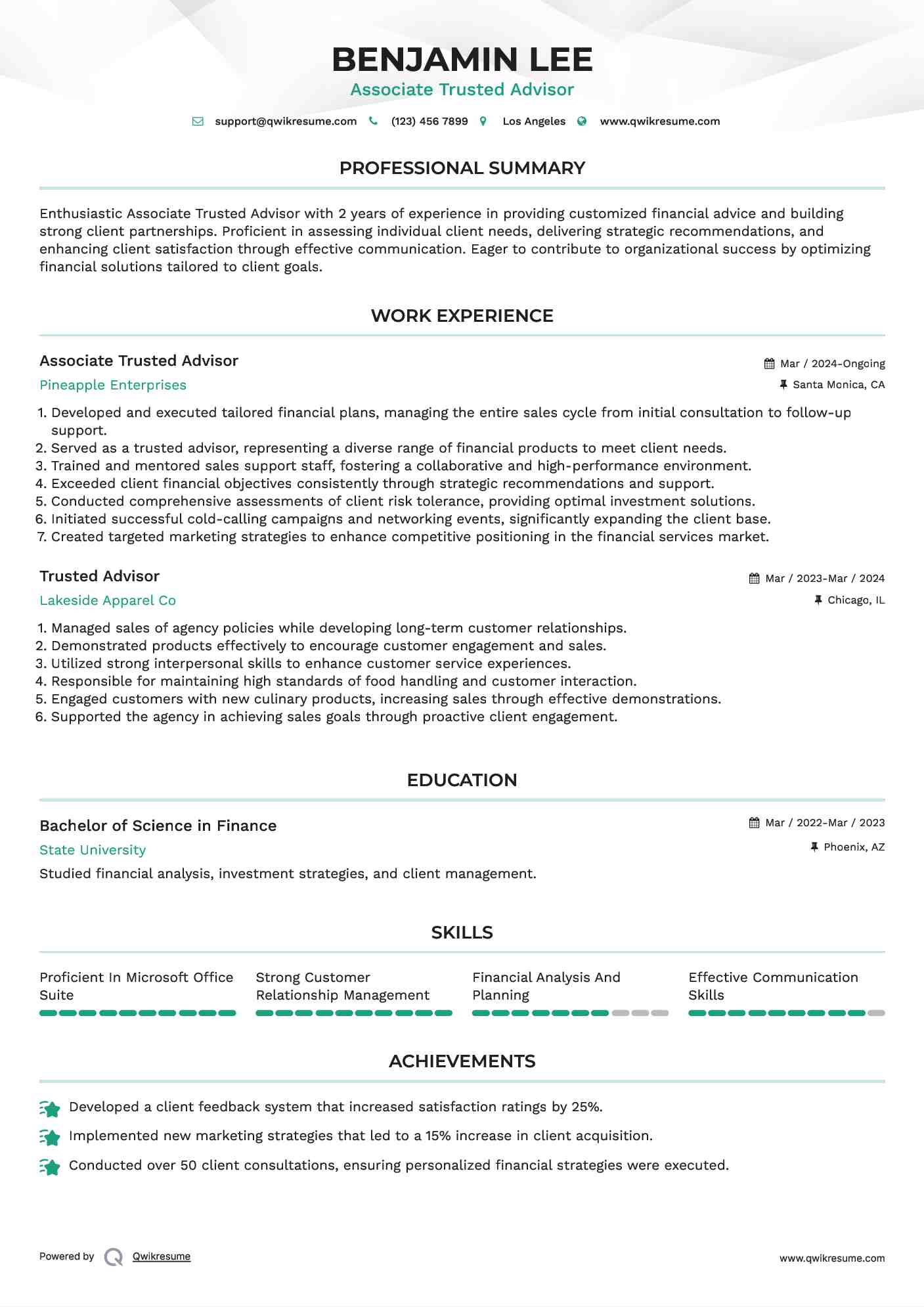 Associate Trusted Advisor Resume Sample