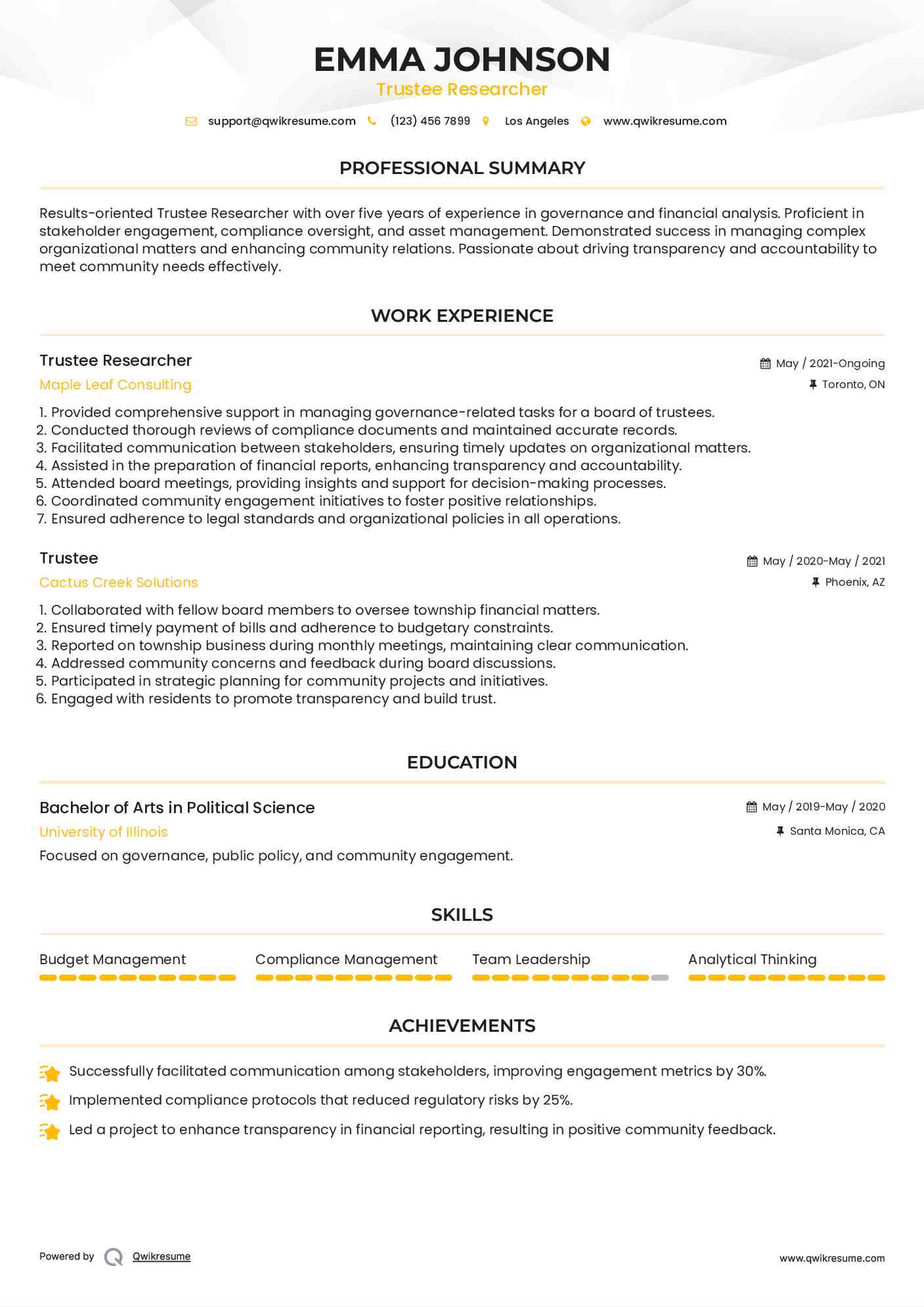 Trustee Researcher Resume Format