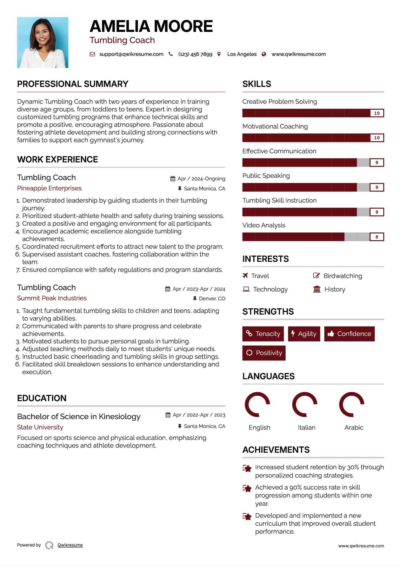 Tumbling Coach Resume Sample