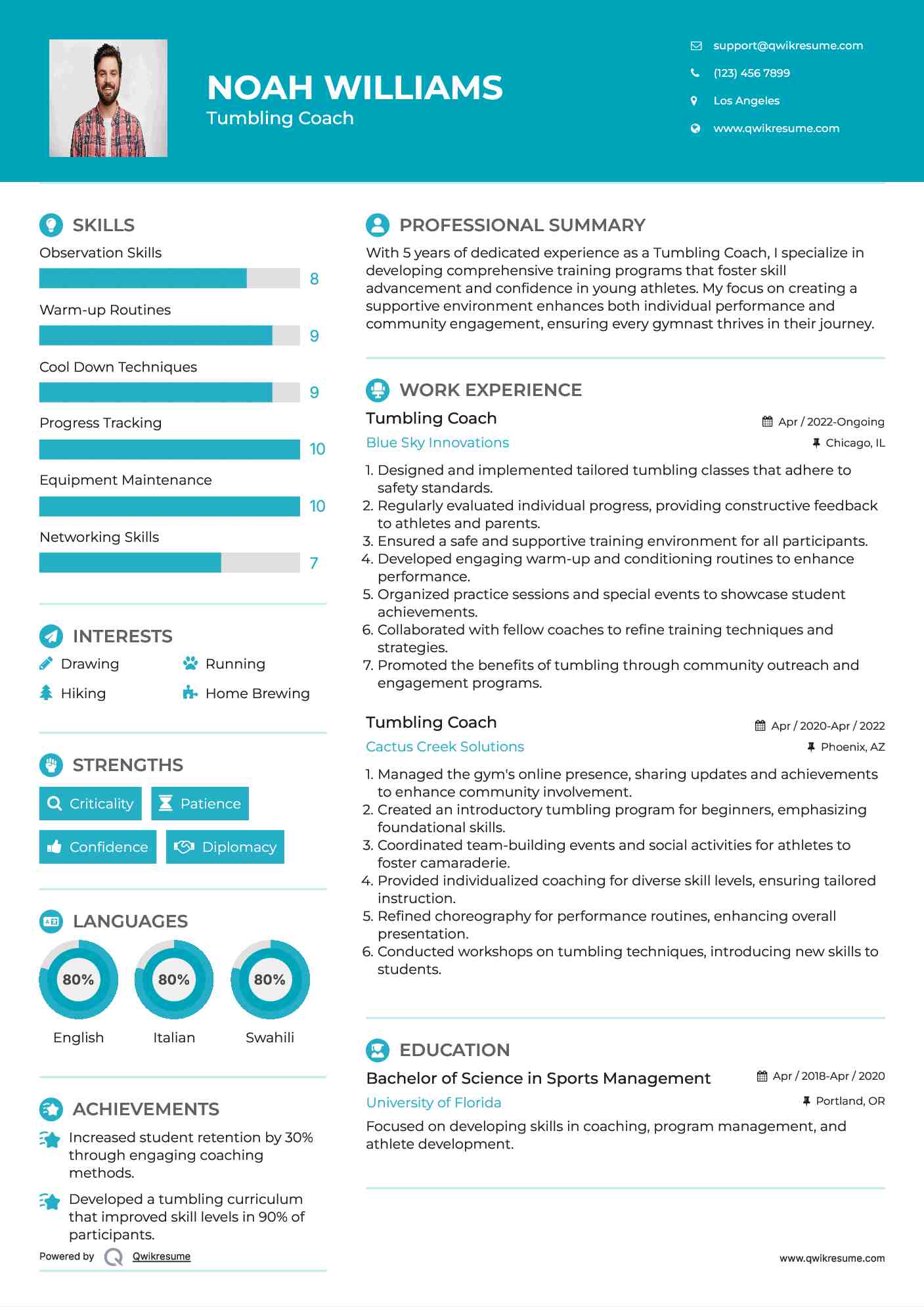 Tumbling Coach Resume Example