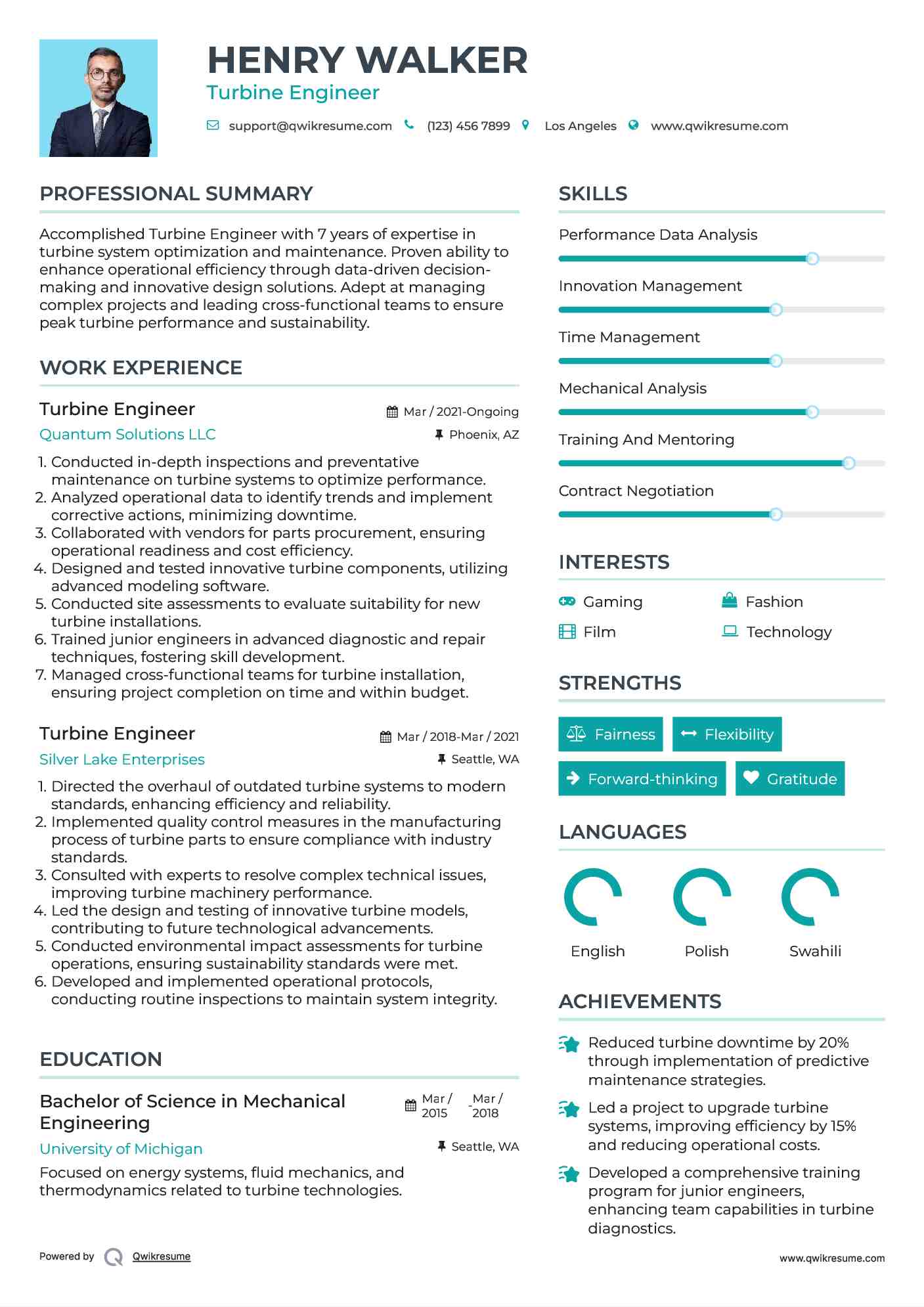 Turbine Engineer Resume Example