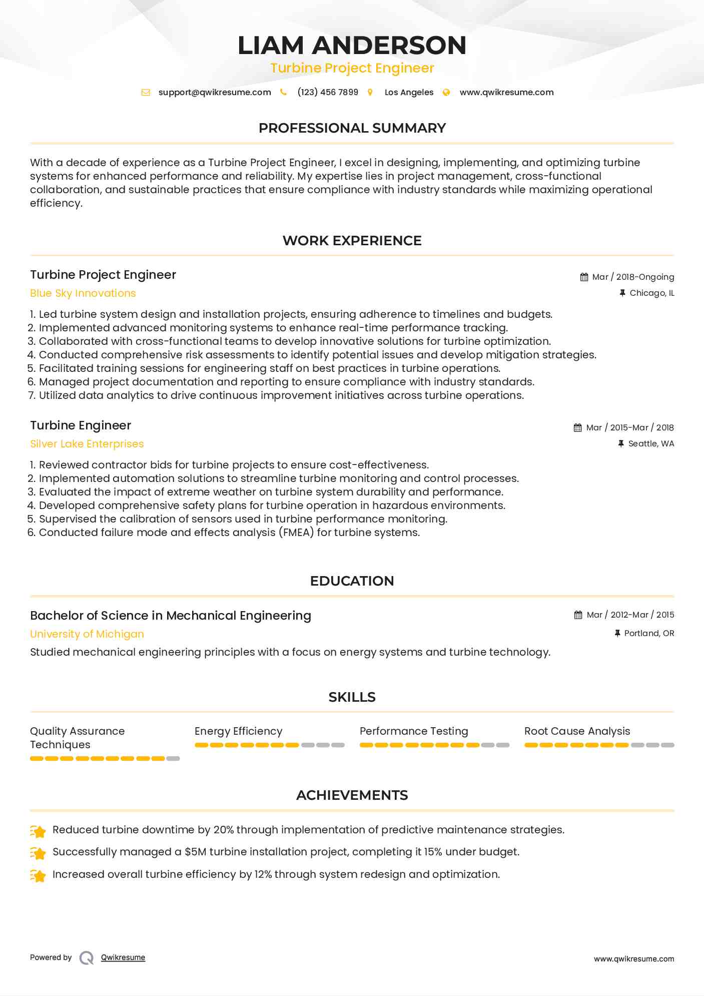 Turbine Project Engineer Resume Model