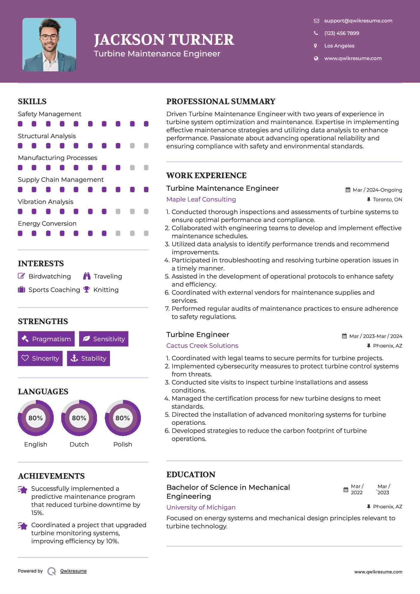 Turbine Maintenance Engineer Resume Example