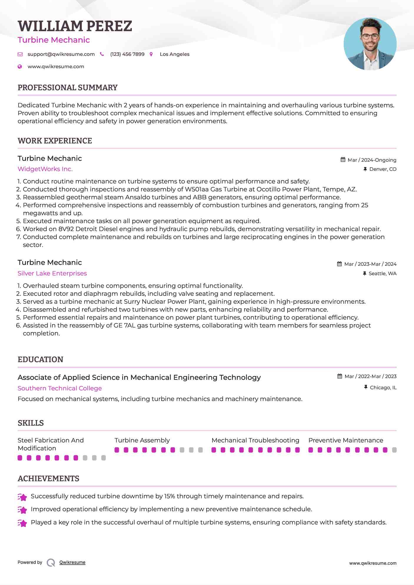 Turbine Mechanic Resume Sample