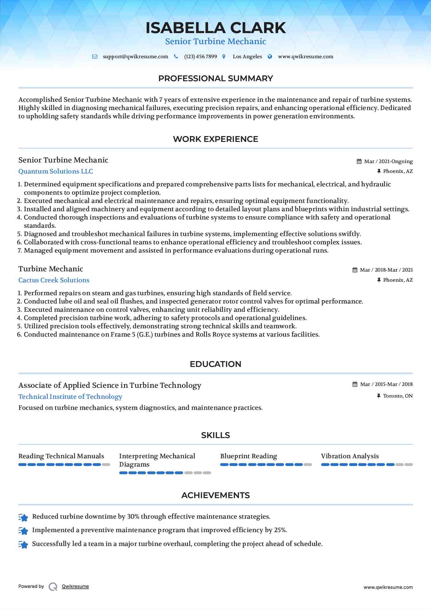 Senior Turbine Mechanic Resume Template