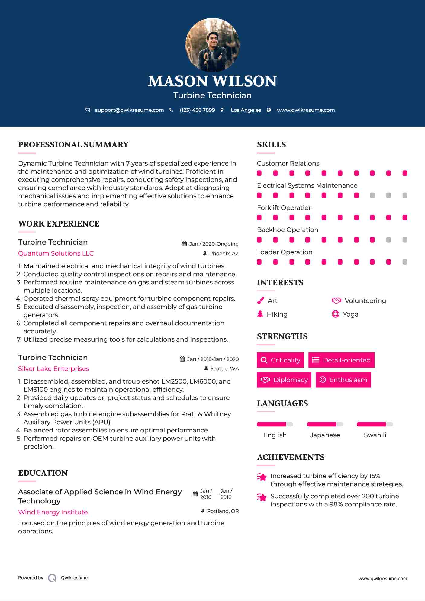 Turbine Technician Resume Sample