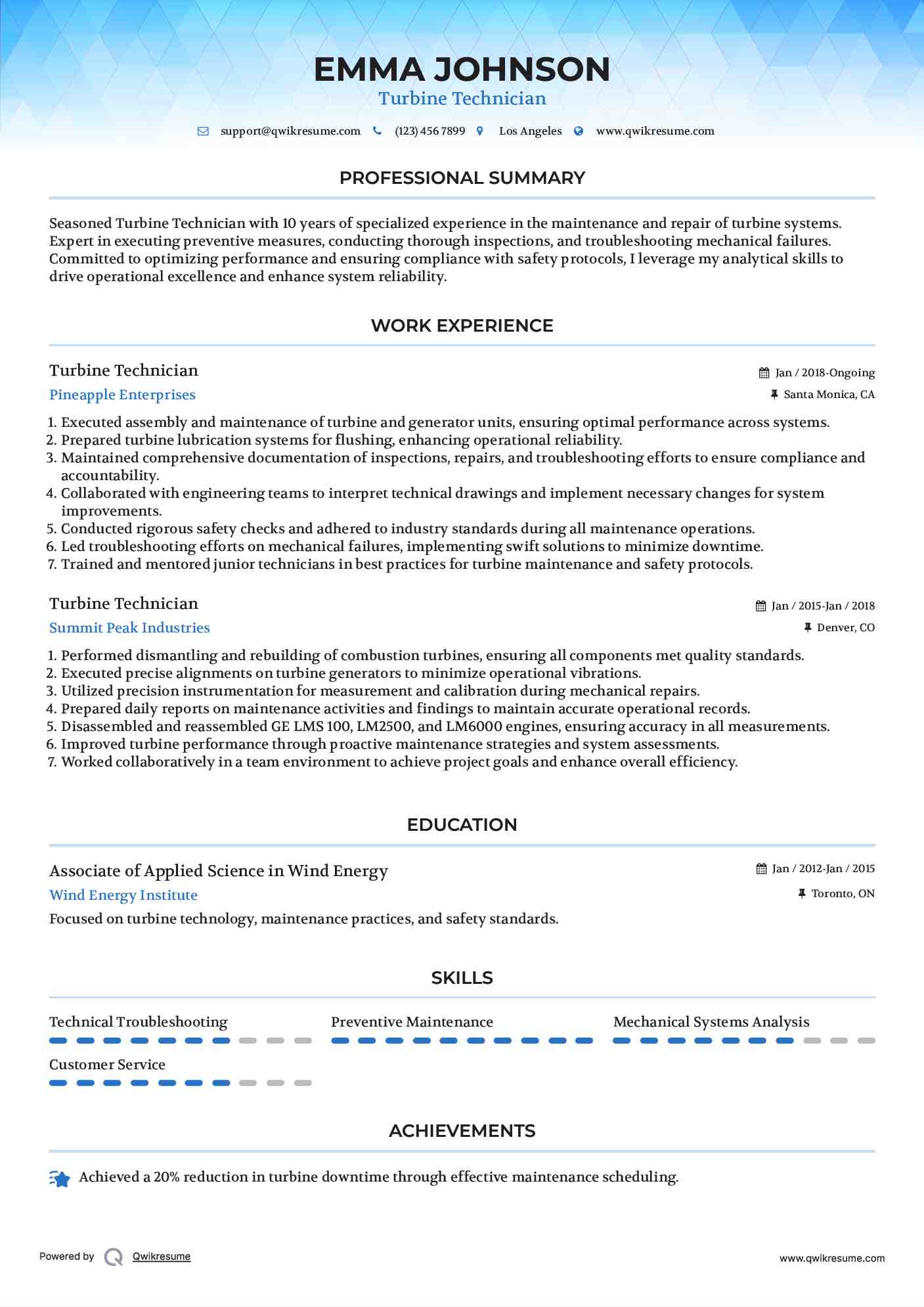 Turbine Technician Resume Template
