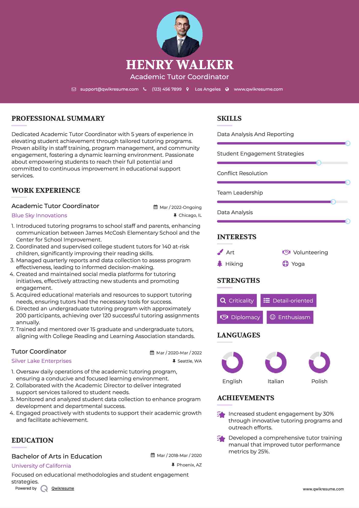 Academic Tutor Coordinator Resume Template