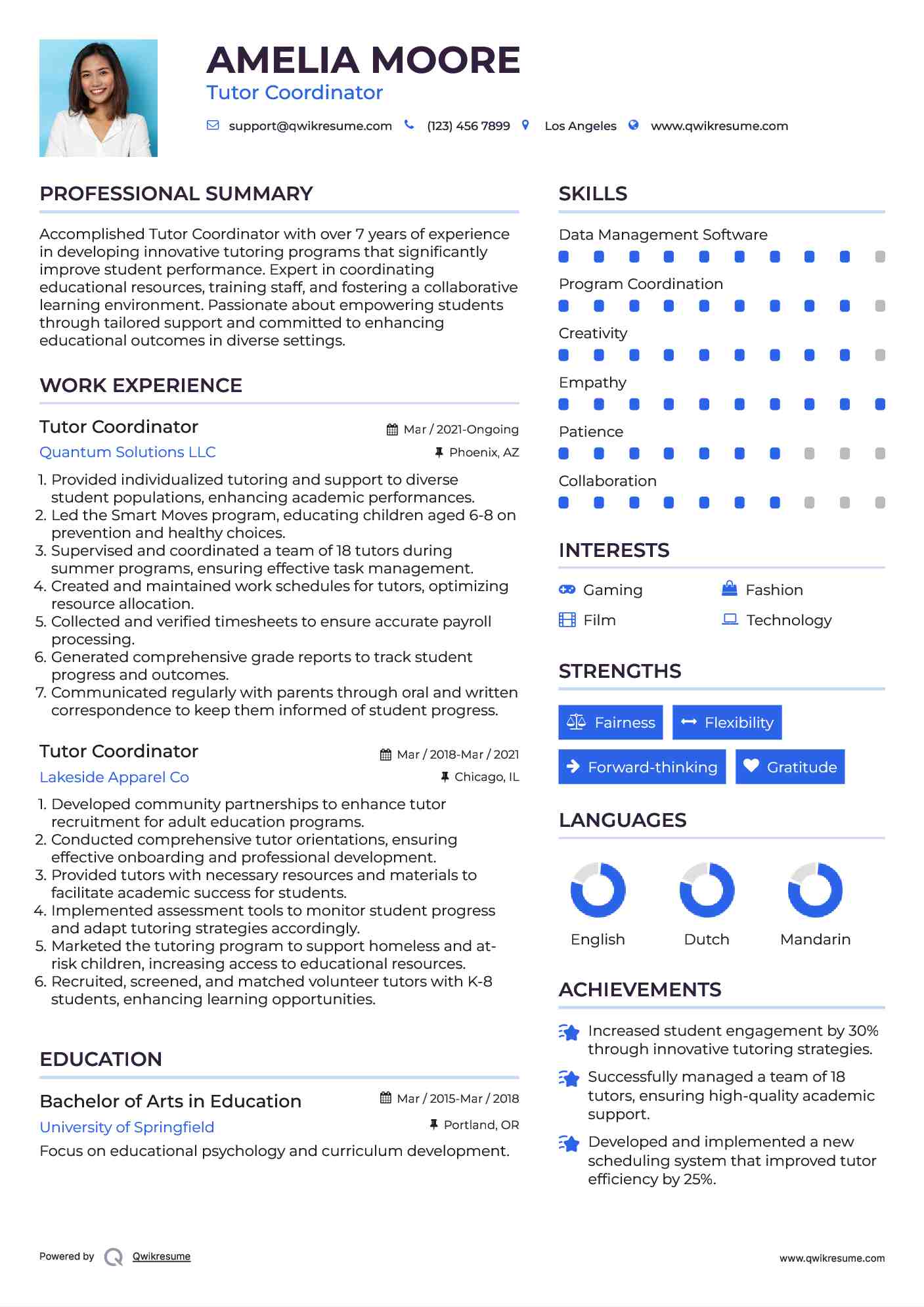 Tutor Coordinator Resume Sample