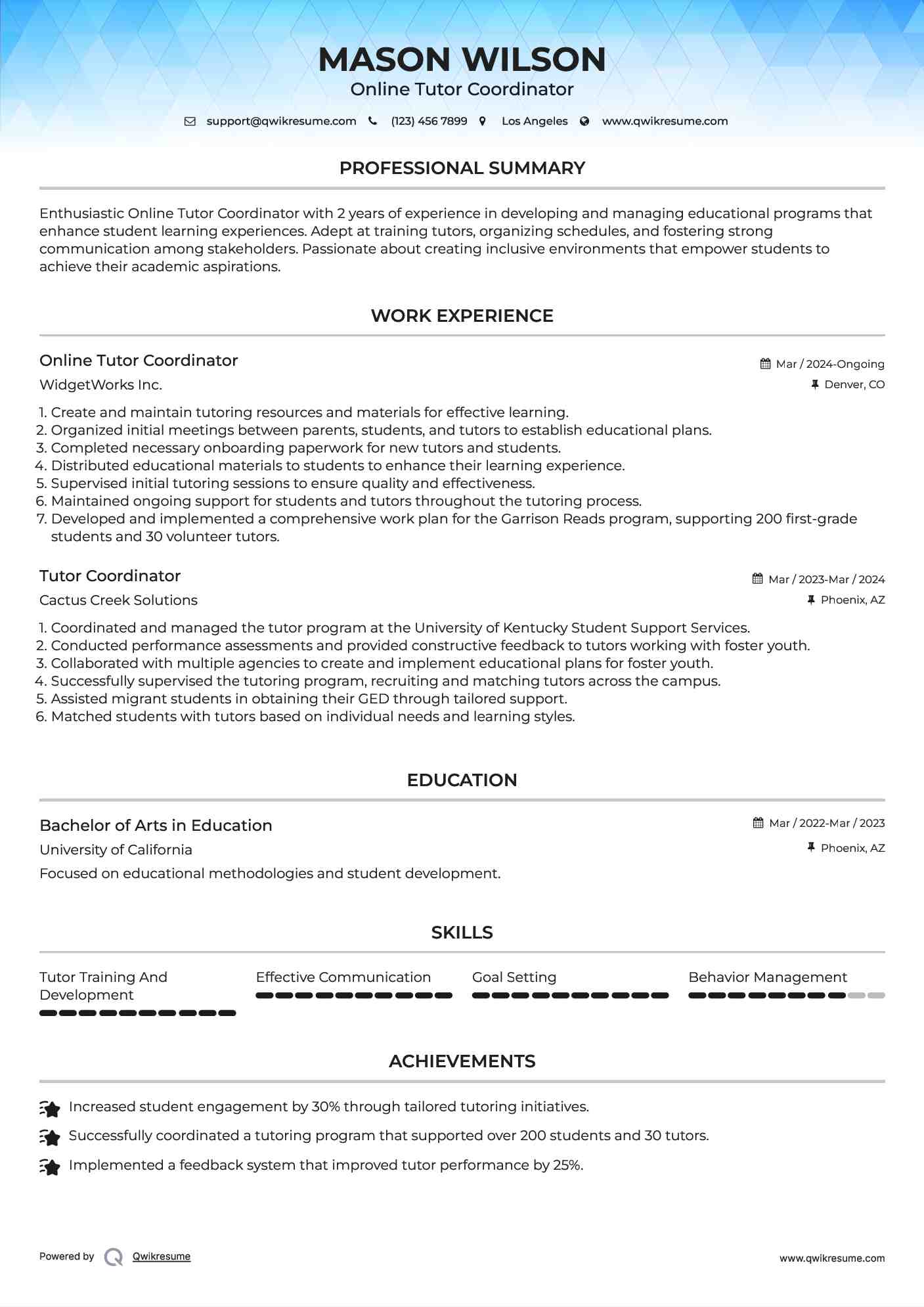 Online Tutor Coordinator Resume Example