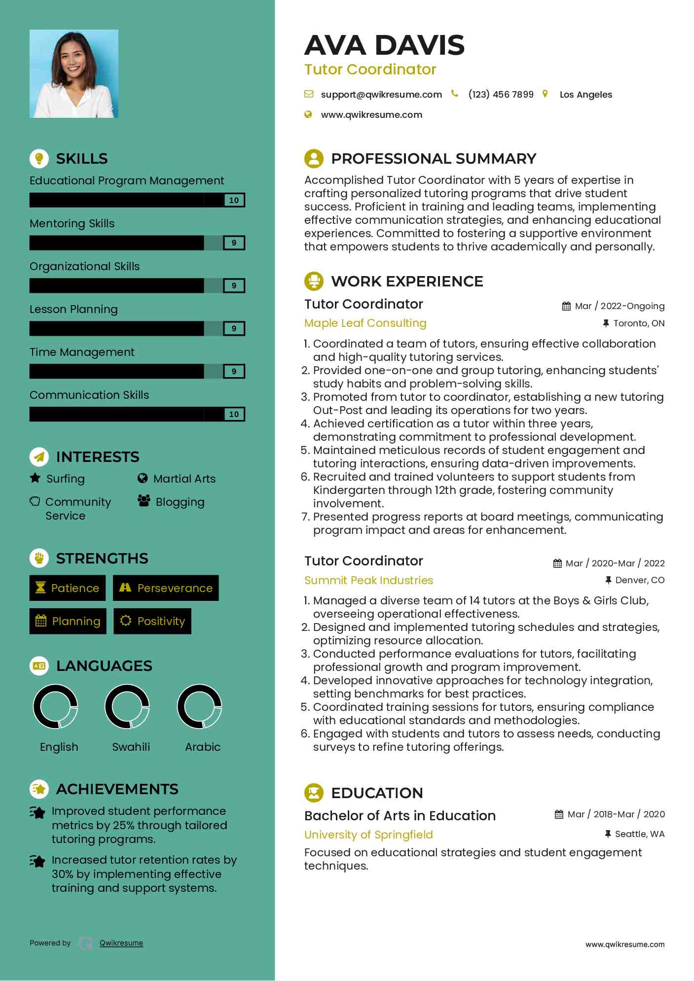 Tutor Coordinator Resume Sample