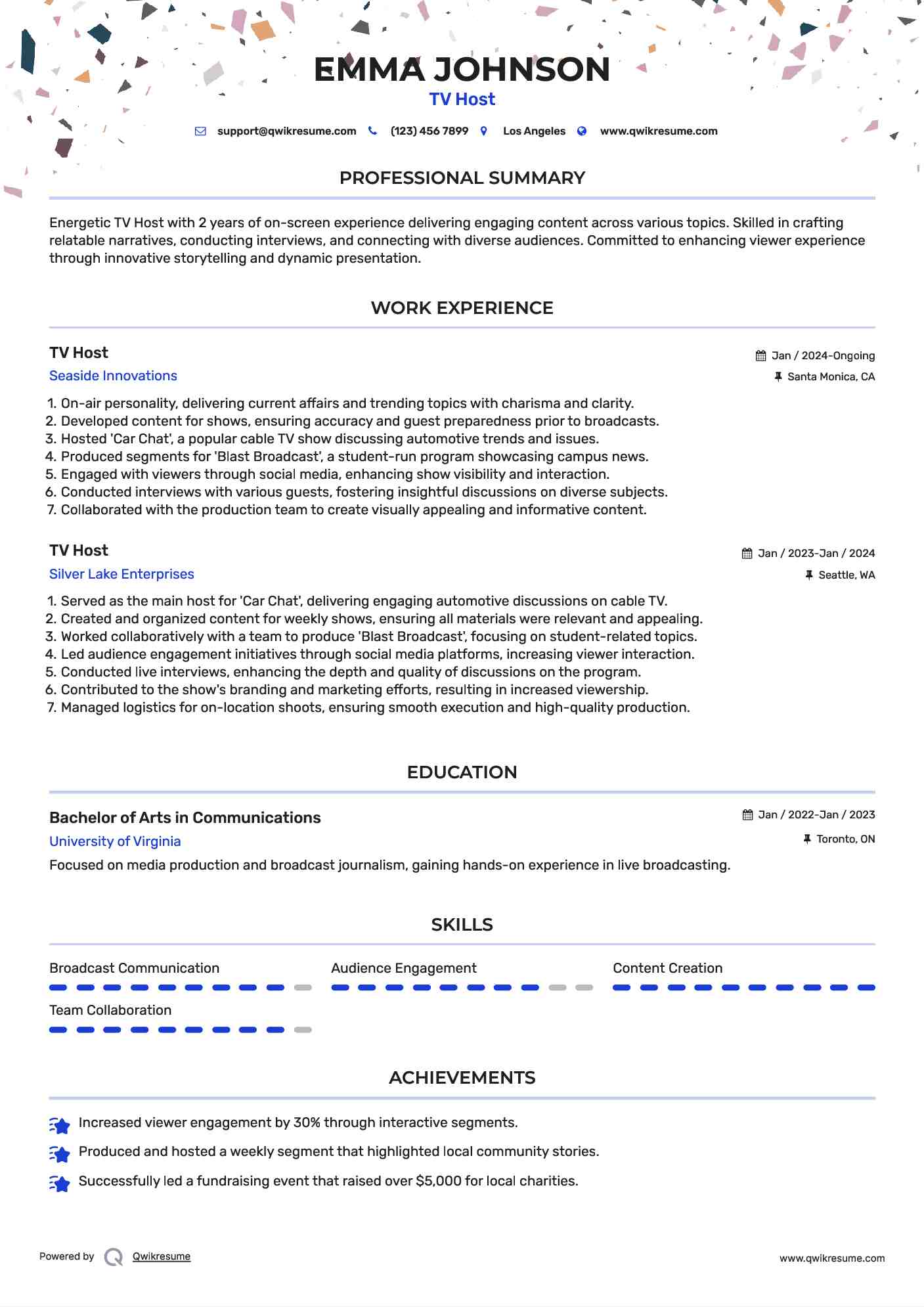 TV Host Resume Example