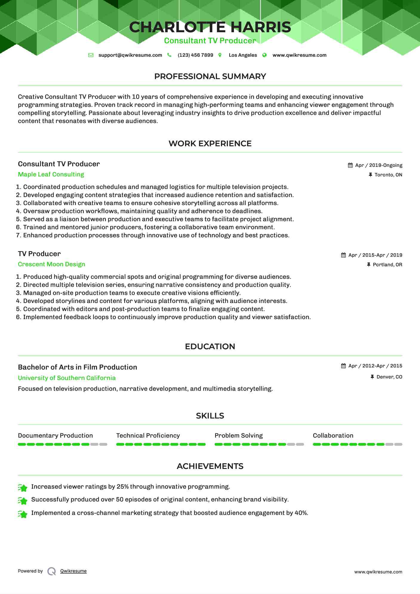 Consultant TV Producer Resume Format