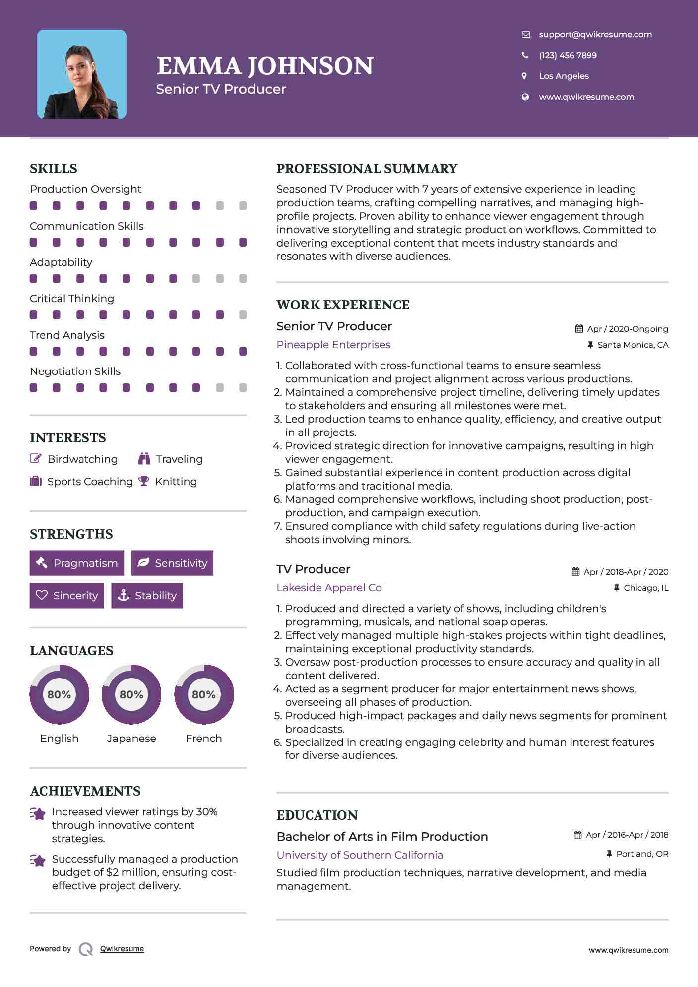 Senior TV Producer Resume Format