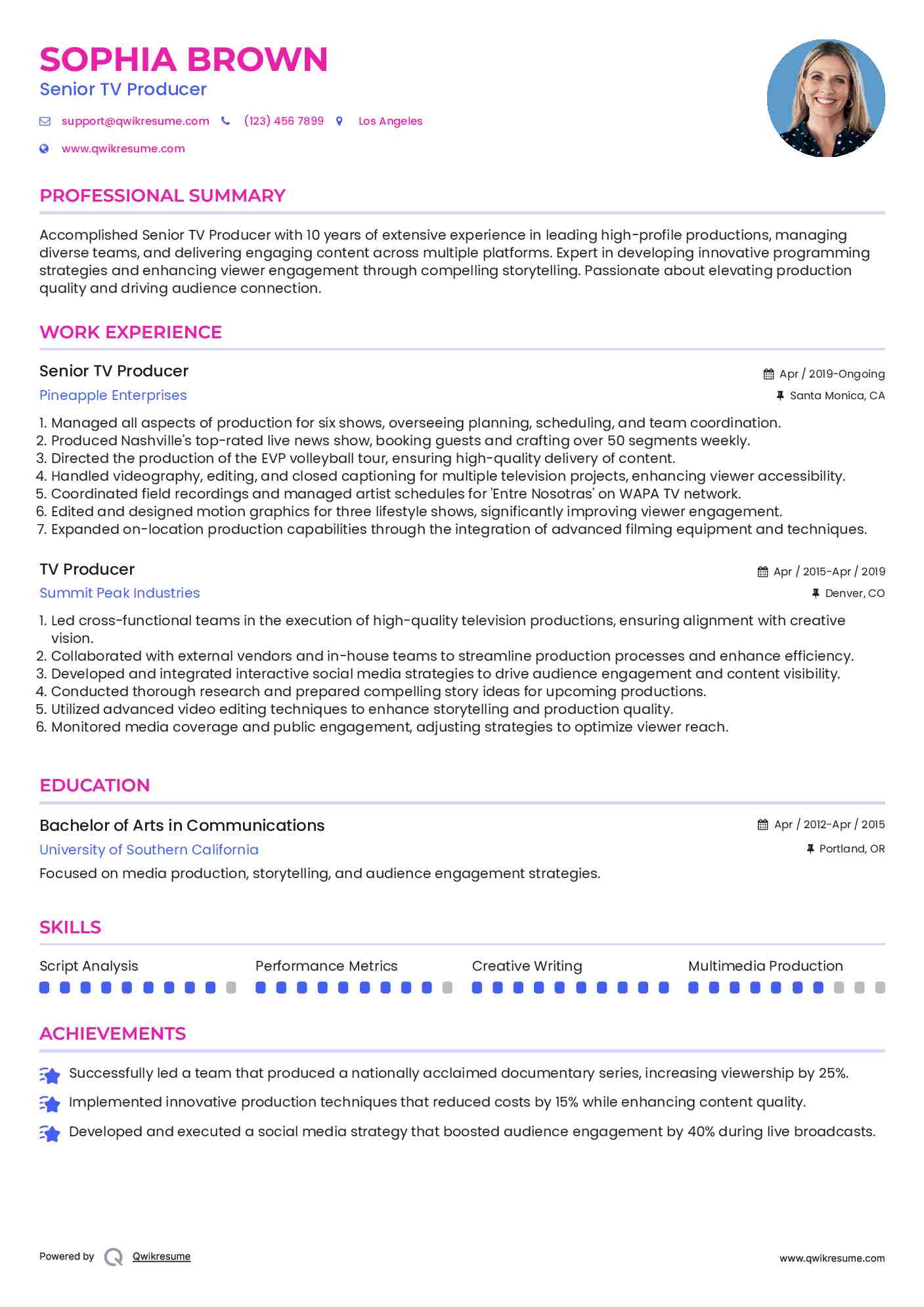 Senior TV Producer Resume Sample