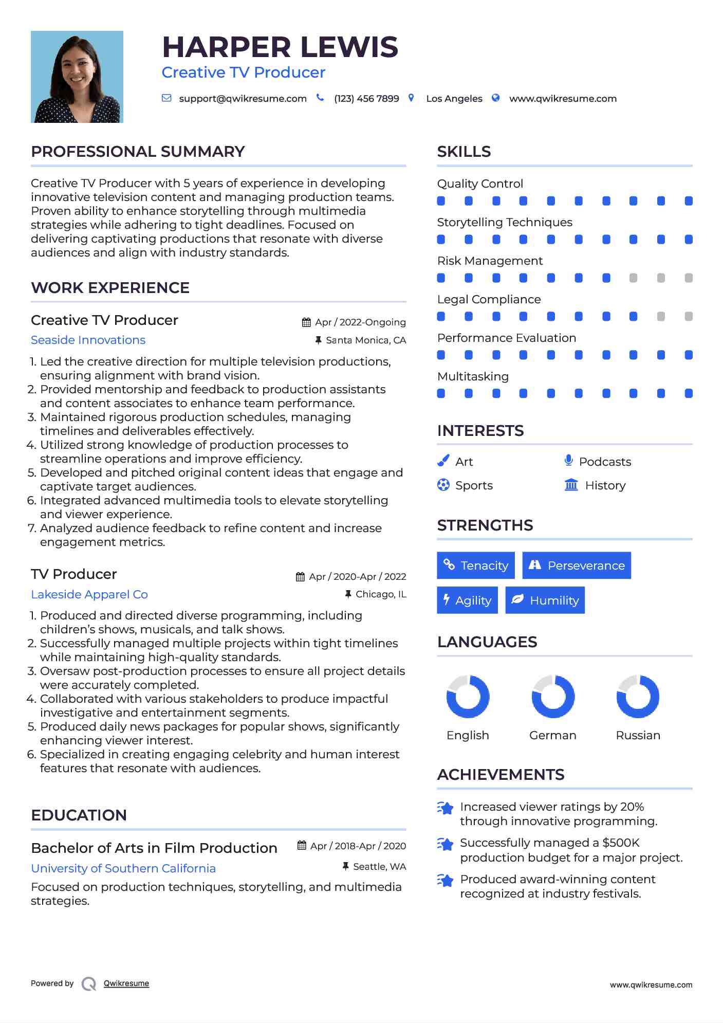 Creative TV Producer Resume Example